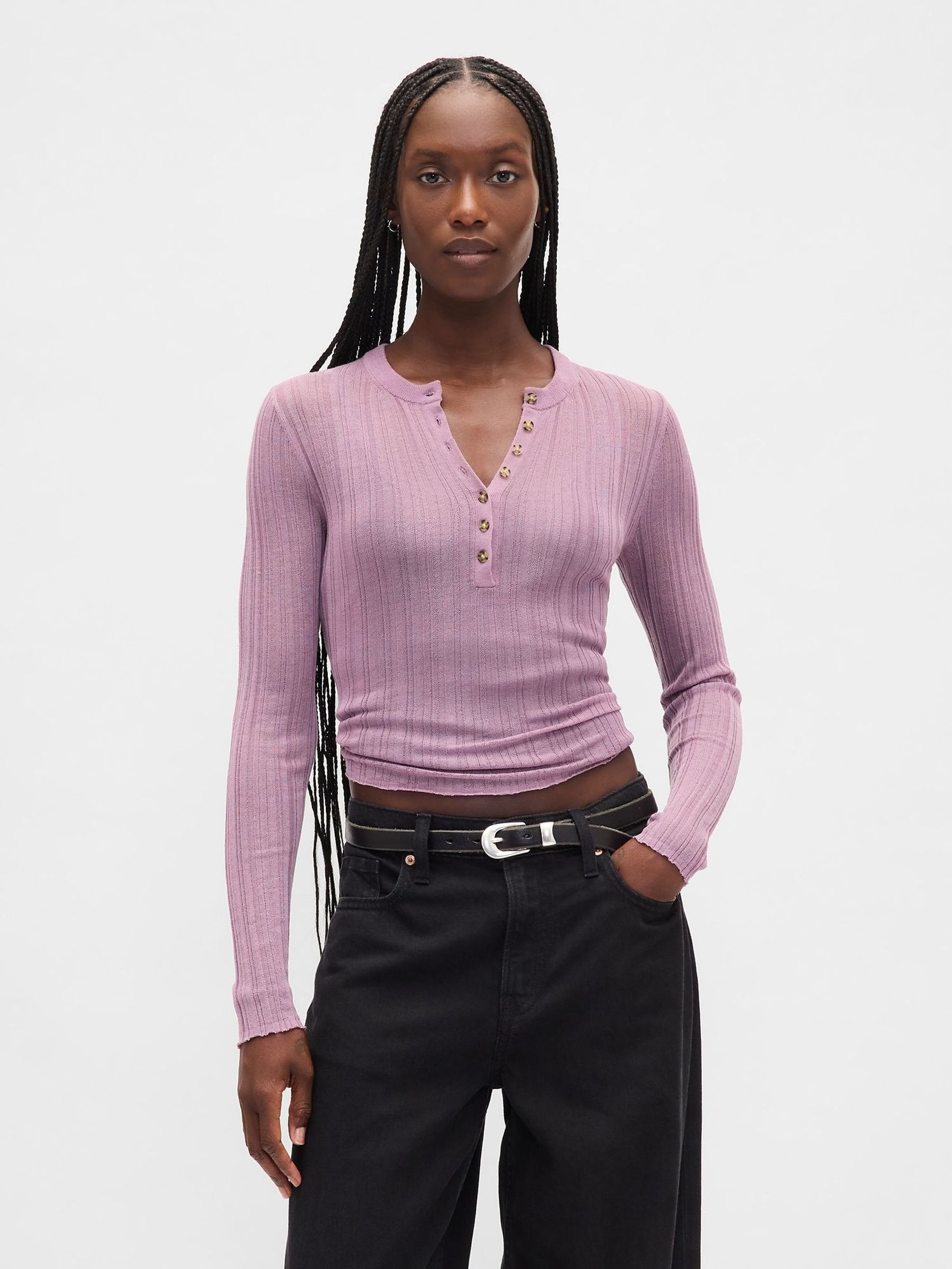 Pink Long Sleeve Sheer Rib Henley Top (W73295) | £45