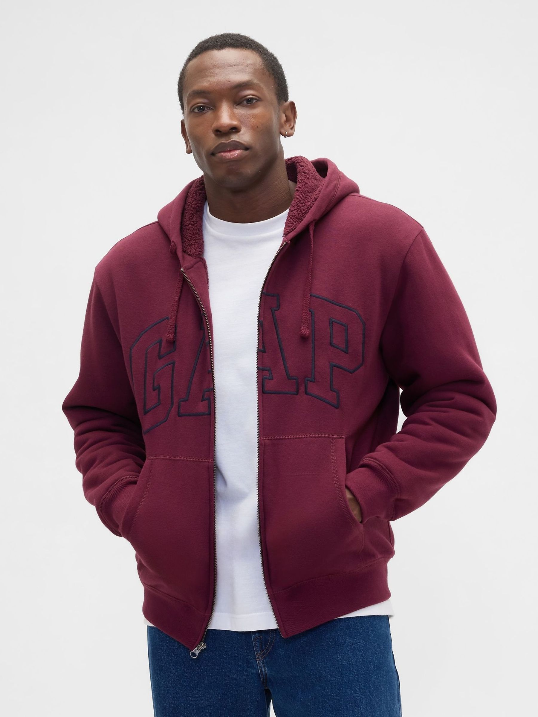 Red Relaxed Logo Sherpa-Lined Zip Hoodie (W73375) | £45