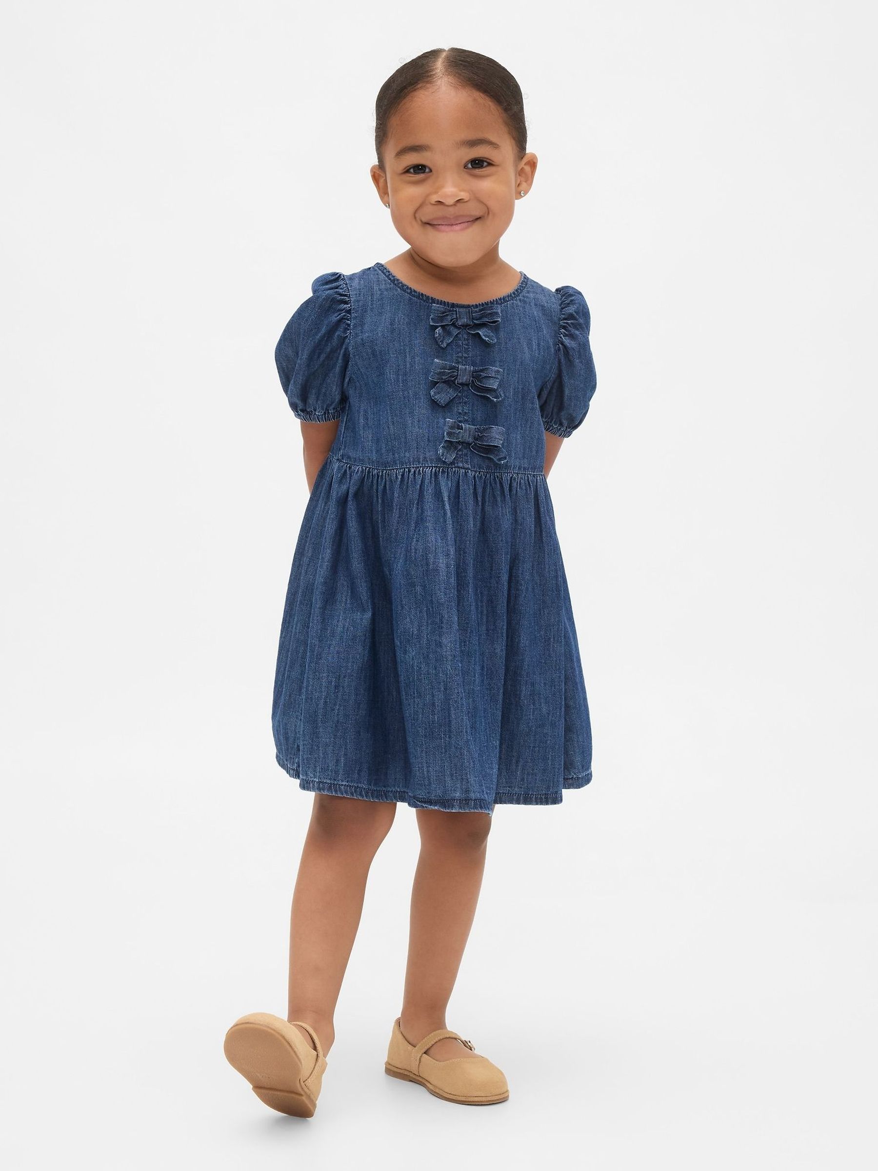 Blue Denim Puff-Sleeve Bow Dress (6mths-5yrs) (W73393) | £25