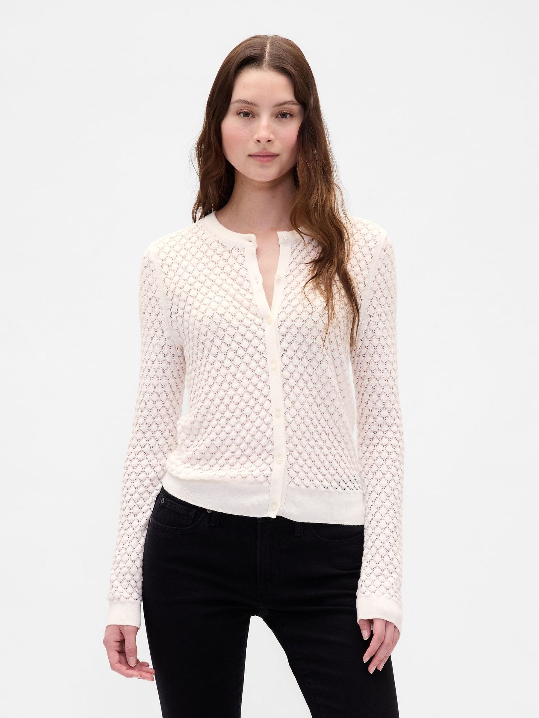 White Soft Touch Stretch Pointelle Cardigan (W73396) | £40