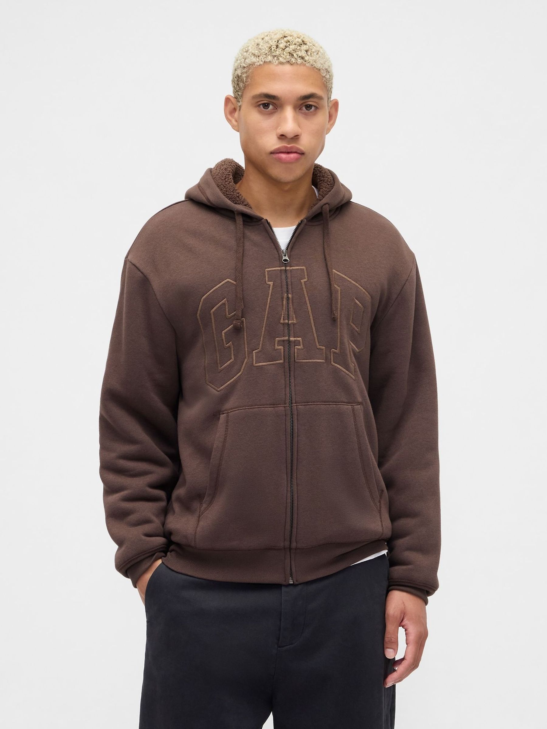 Brown Relaxed Logo Sherpa Lined Zip Hoodie (W73431) | £45