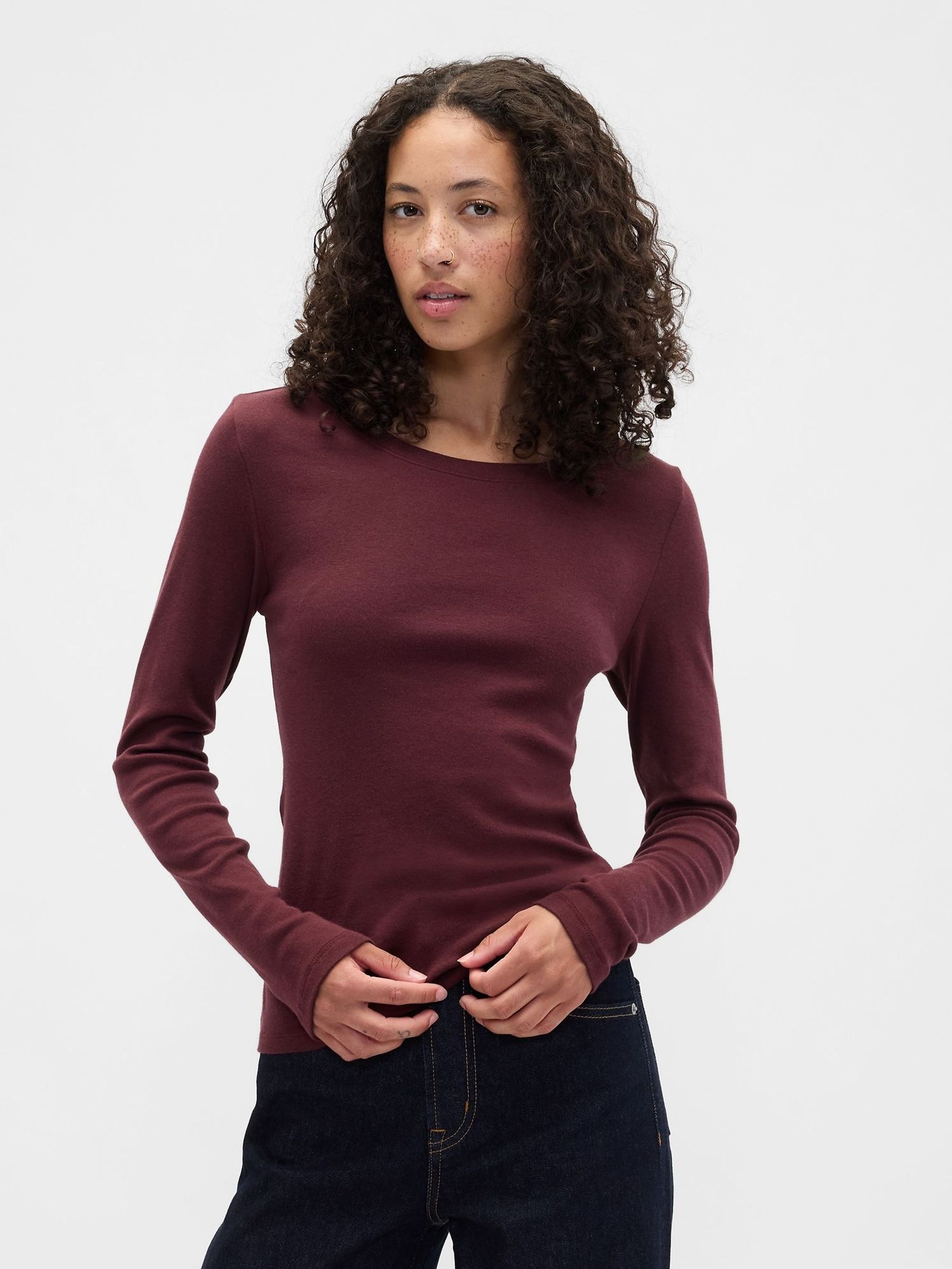 Red Modern Long Sleeve Crew Neck T-Shirt (W73557) | £14