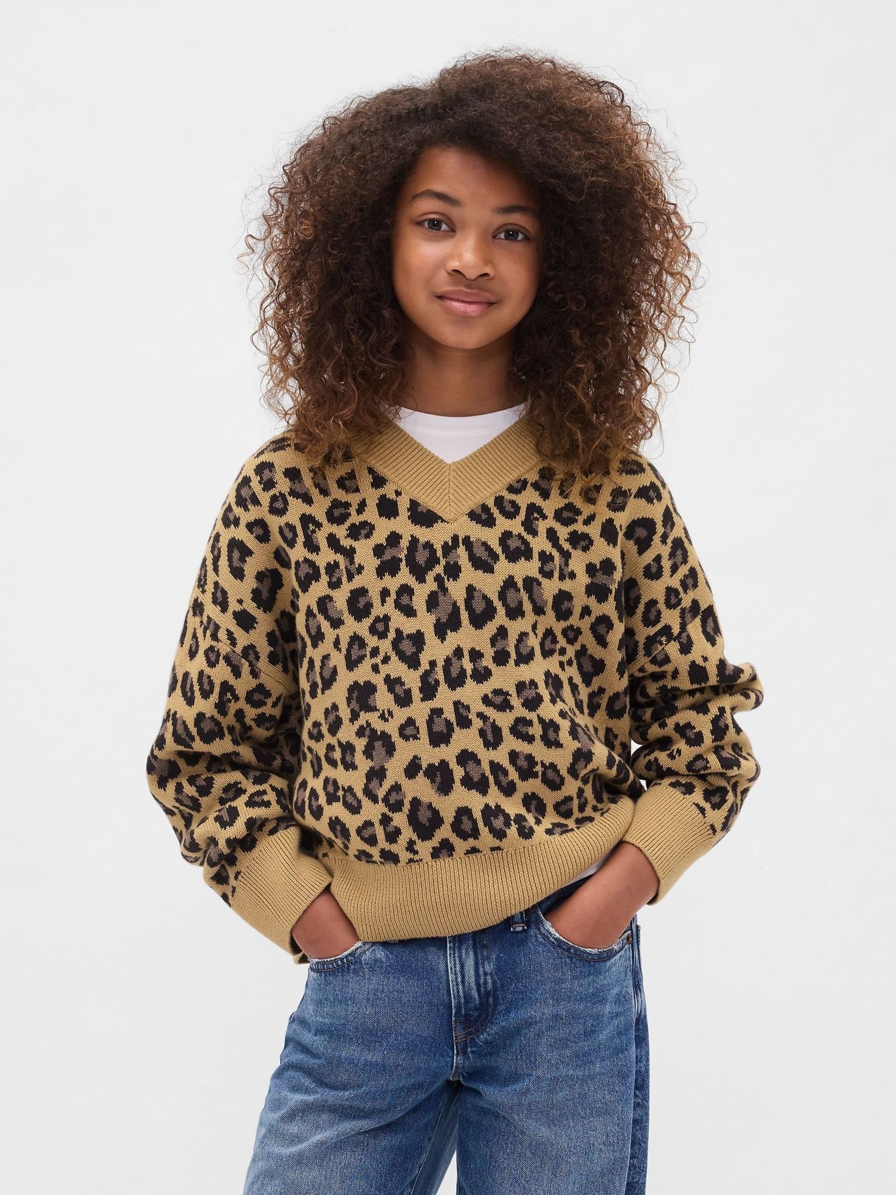 Brown Leopard Print Boxy V-Neck Jumper (W73569) | £30