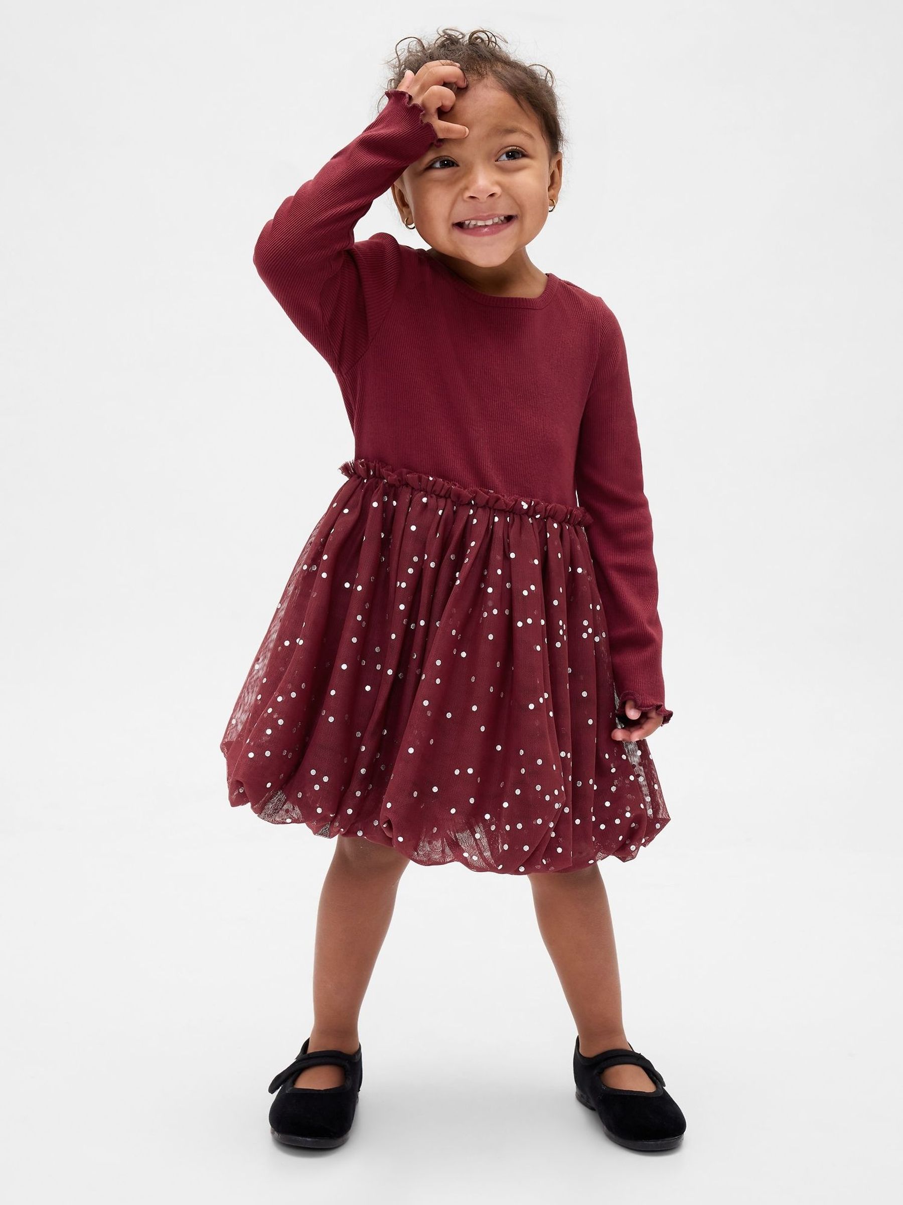 Burgundy Red Mixed Media Bubble Dress (6mths-5yrs) (W73573) | £30