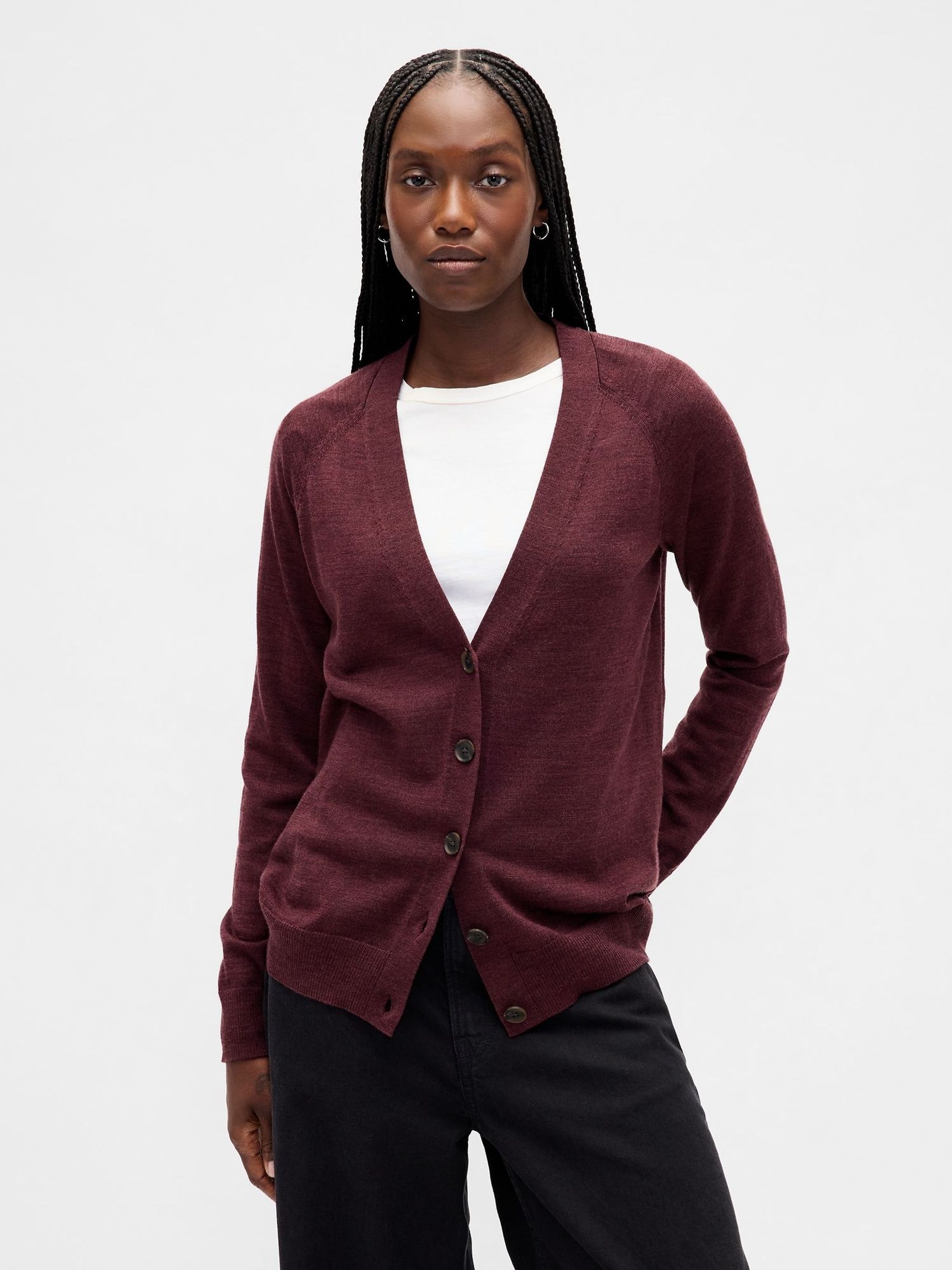 Burgundy Red Boyfriend Merino Cardigan (W73594) | £50