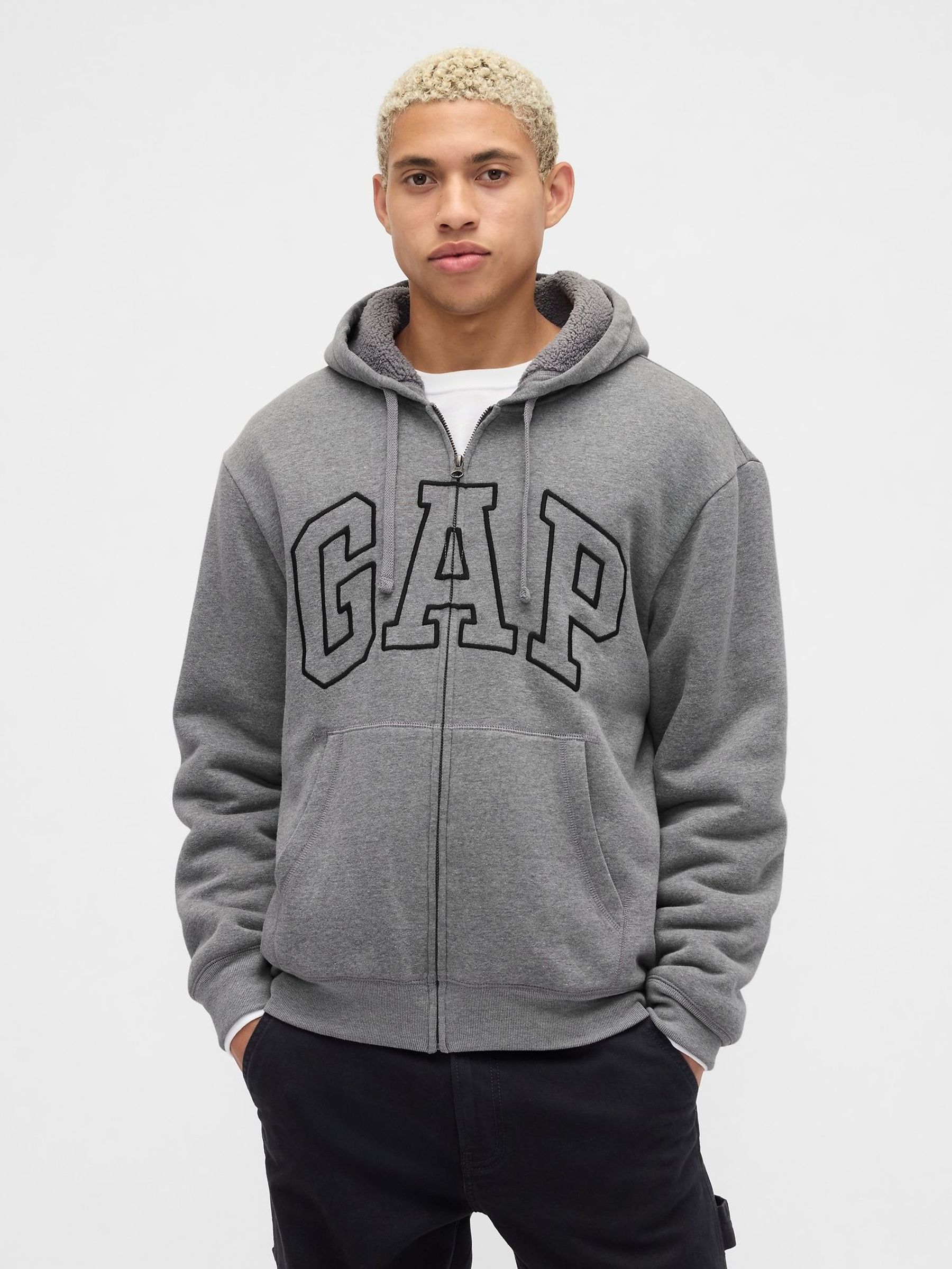 Grey Relaxed Logo Sherpa-Lined Zip Hoodie (W73611) | £45