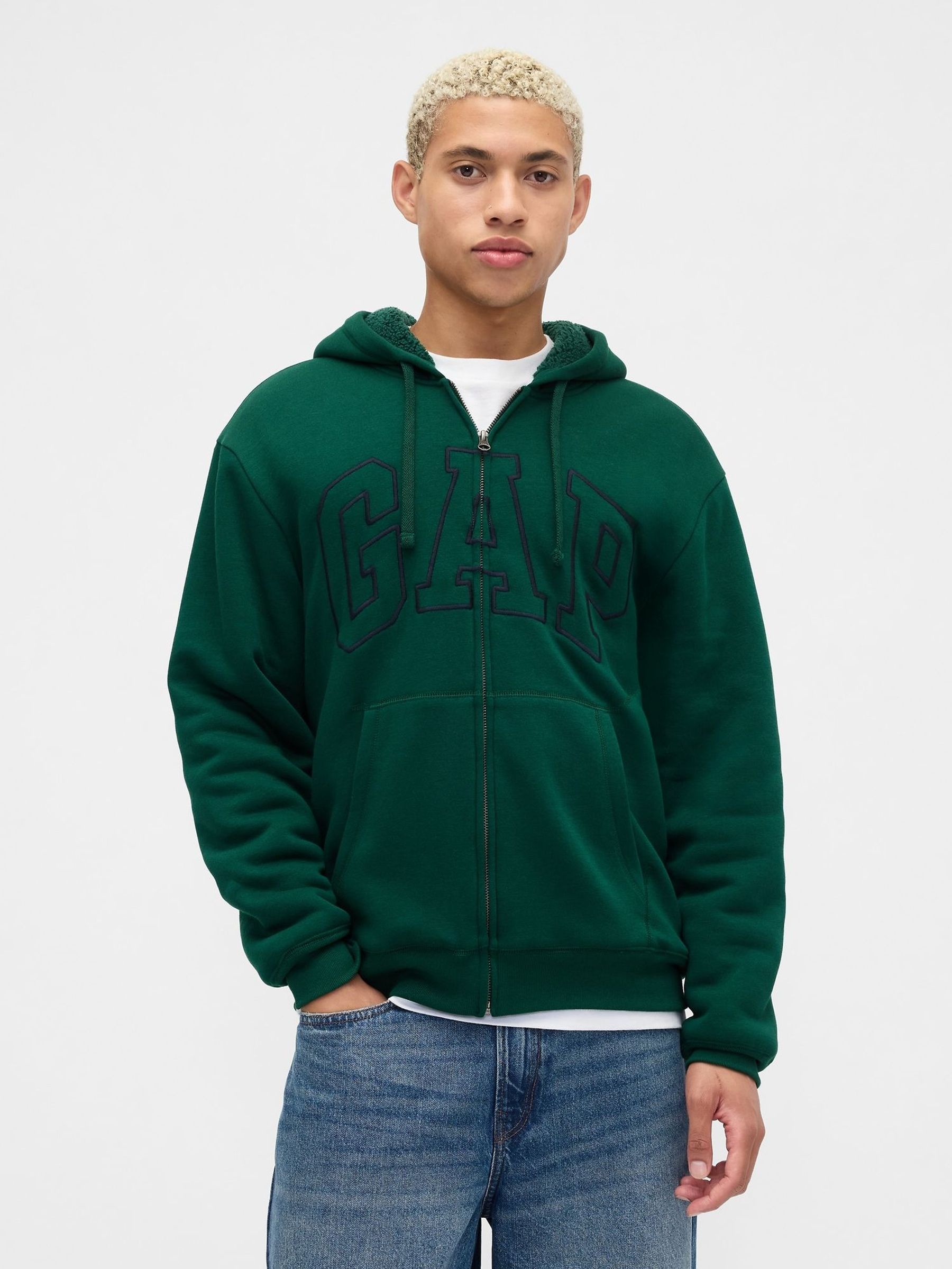 Green Relaxed Logo Sherpa-Lined Zip Hoodie (W73668) | £45