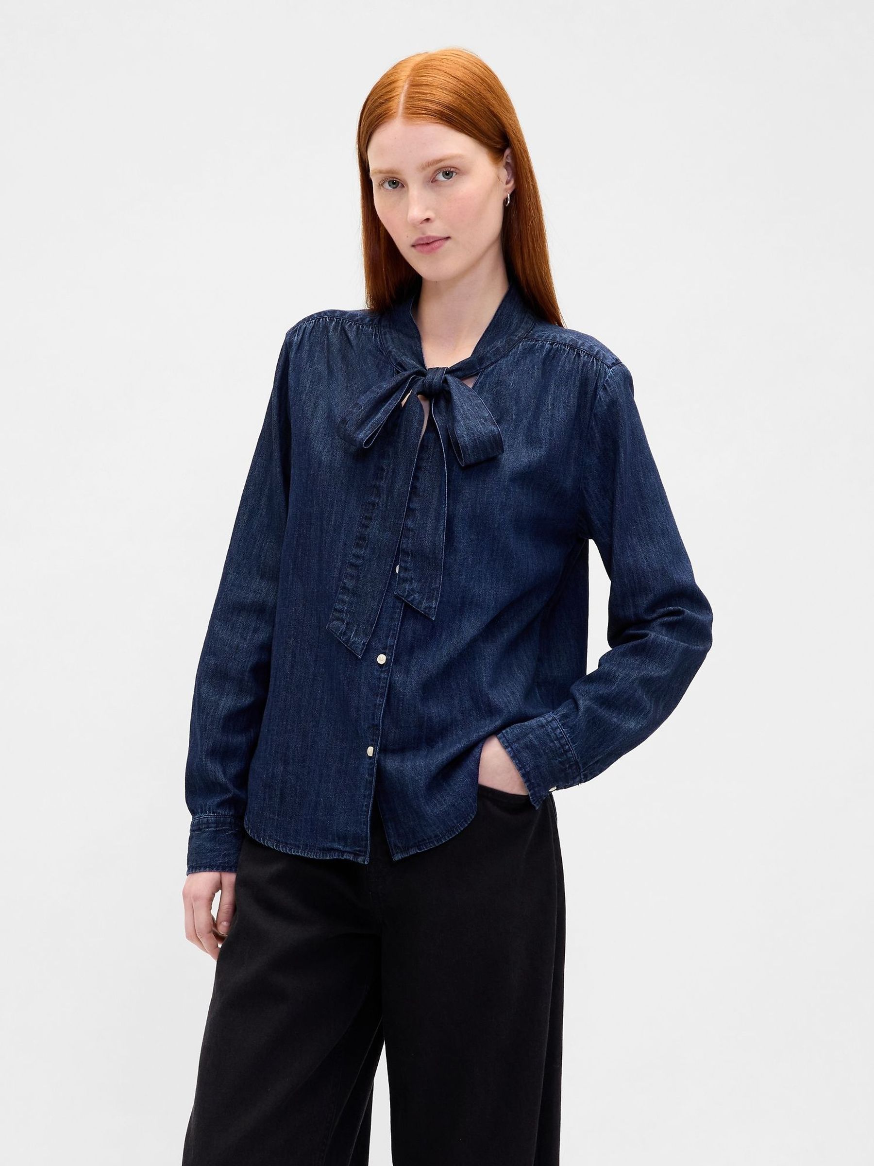 Blue Denim Tie-Neck Shirt (W73676) | £50