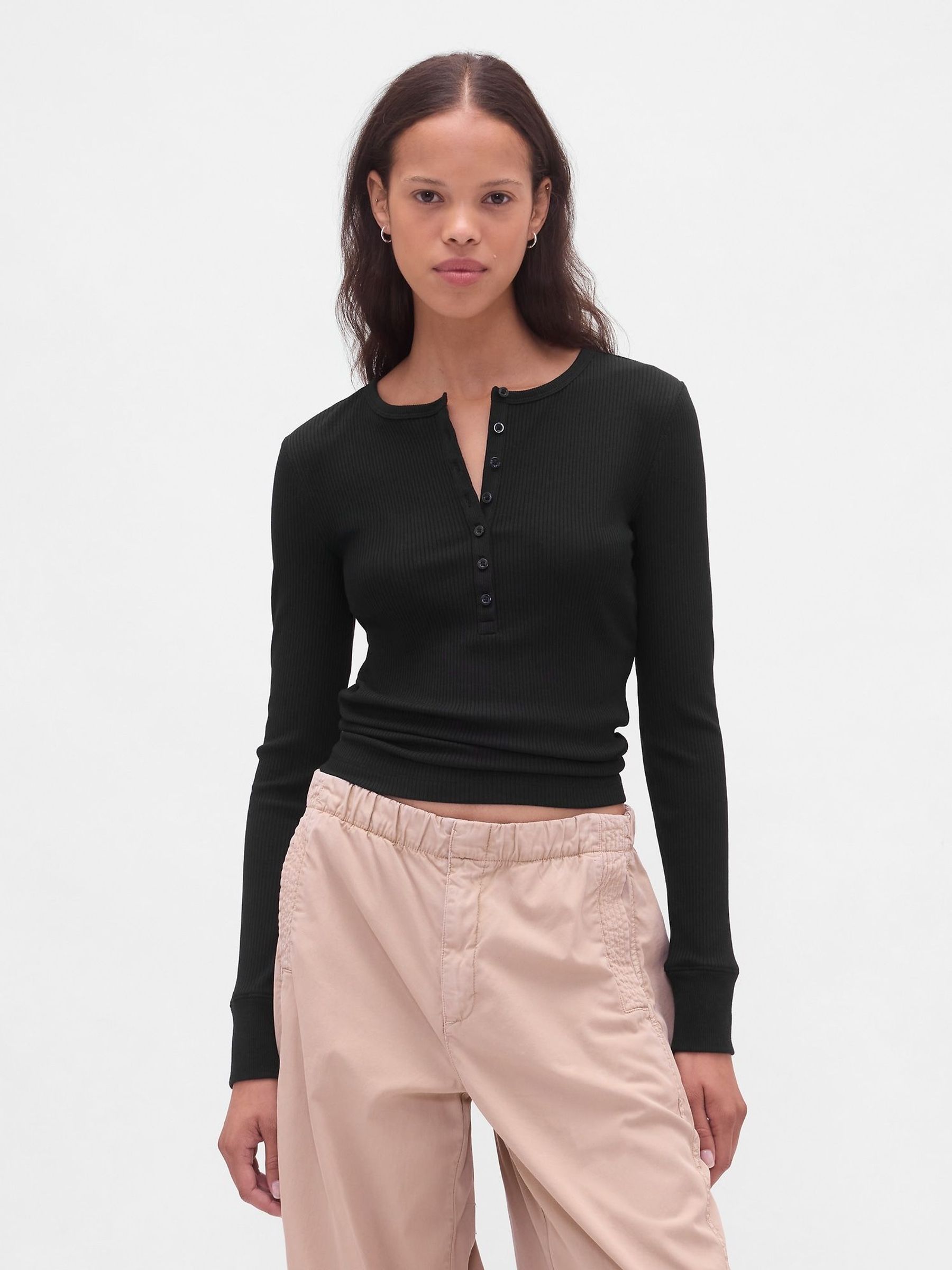 Black Modern Rib Long Sleeve Henley T-Shirt (W73720) | £35