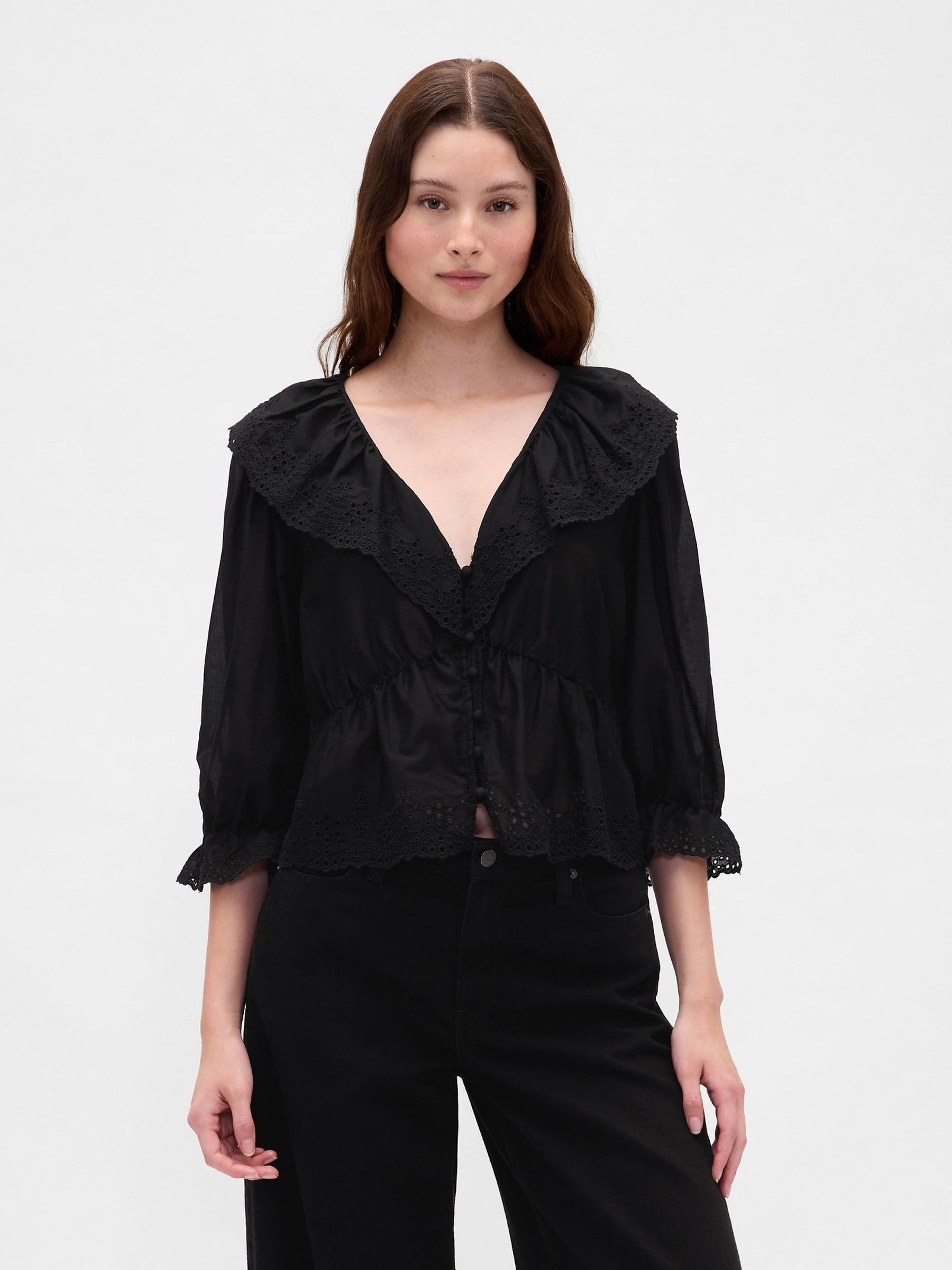 Black Ruffle Collar V-Neck Top (W73760) | £50