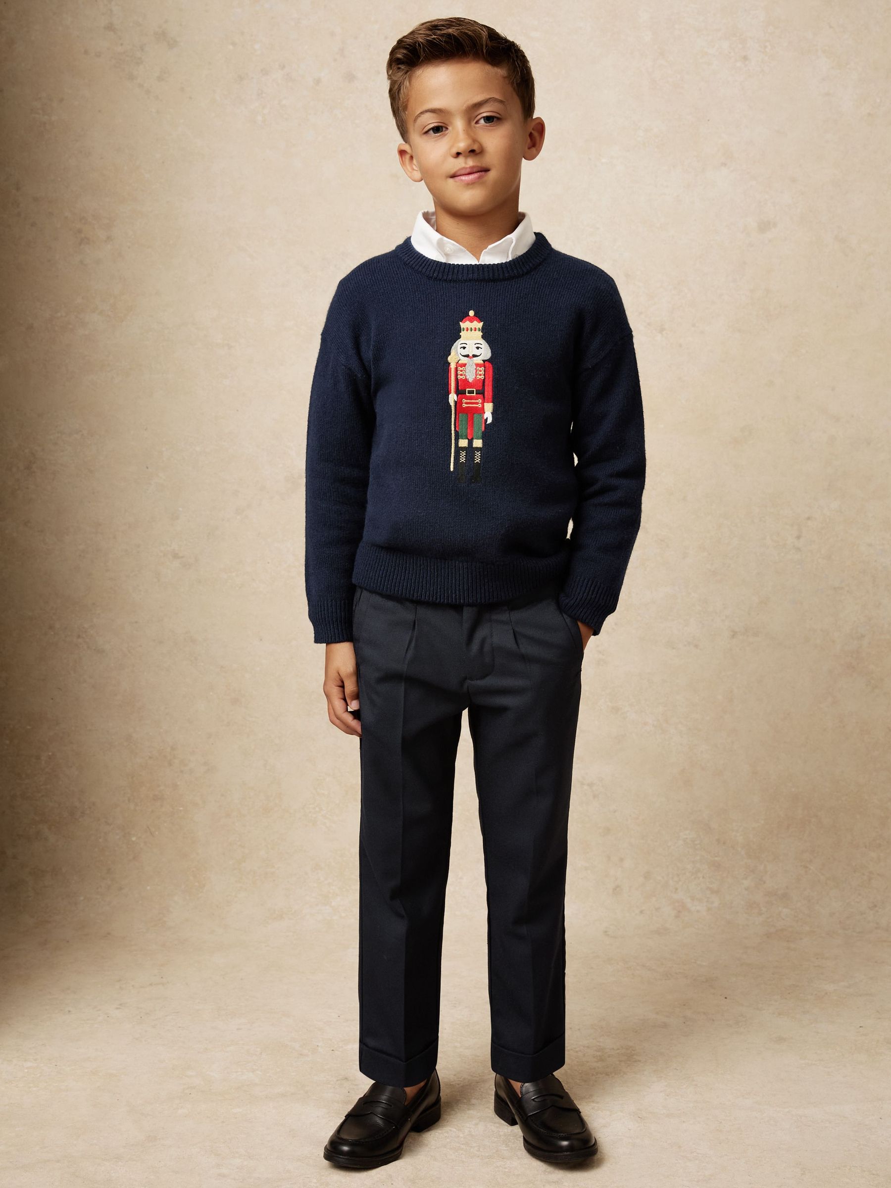 9-13 yrs Wool-Blend Nutcracker Jumper in Navy Blue (W74923) | £48