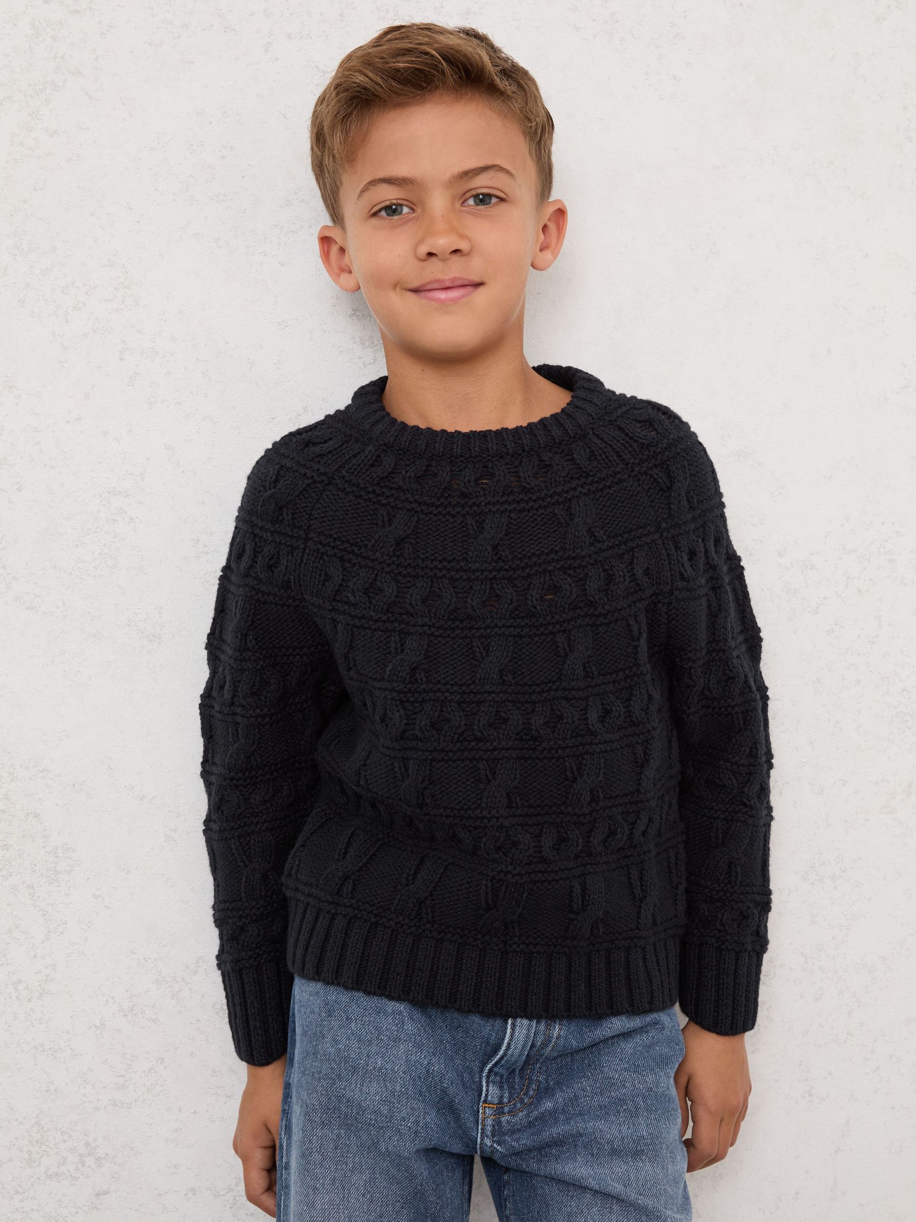9-13 yrs Wool-Cotton Cable-Knit Jumper in Navy (W75094) | £46