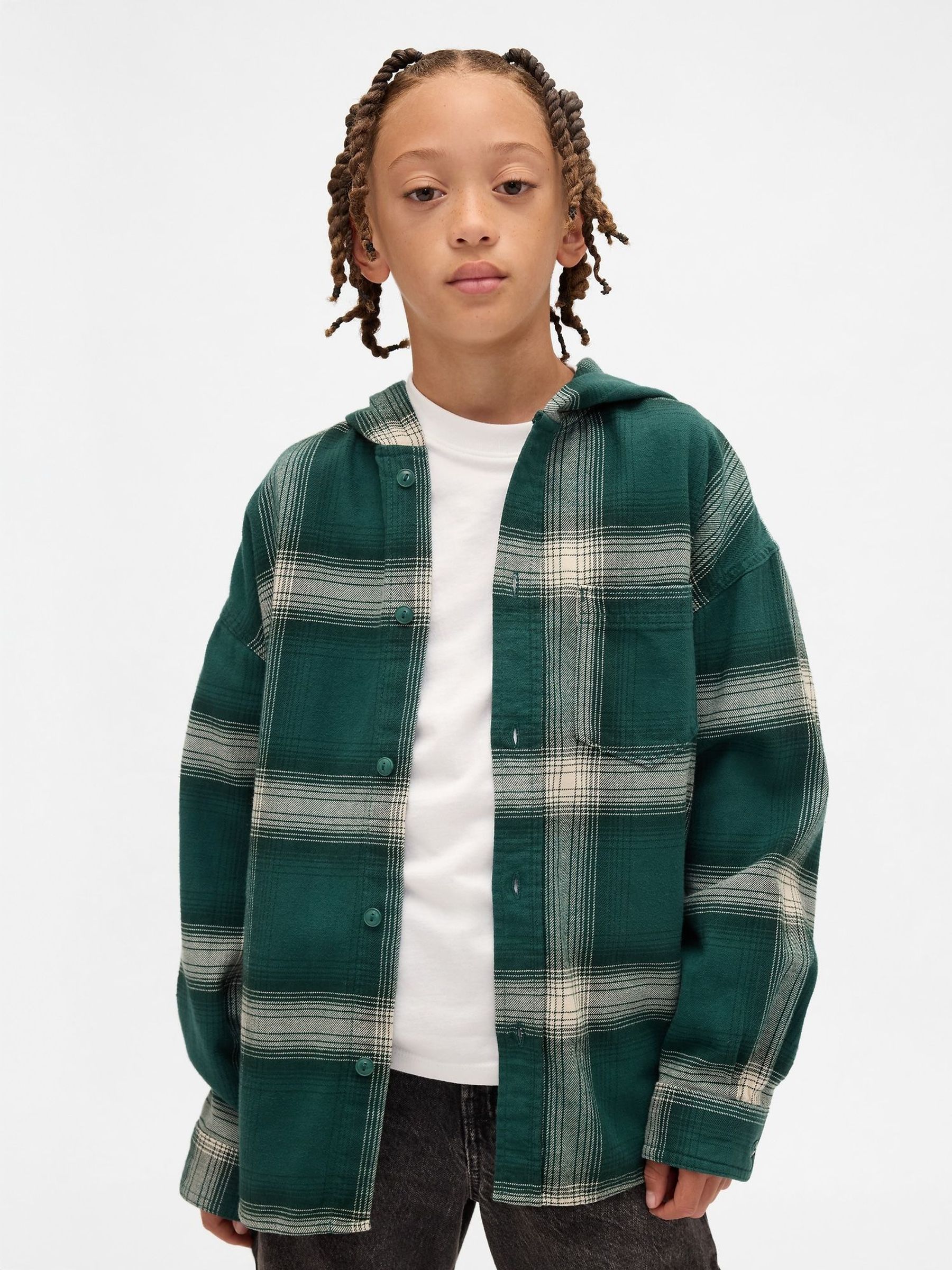 Green Cotton Hooded Flannel Shirt (4-13yrs) (W75199) | £25
