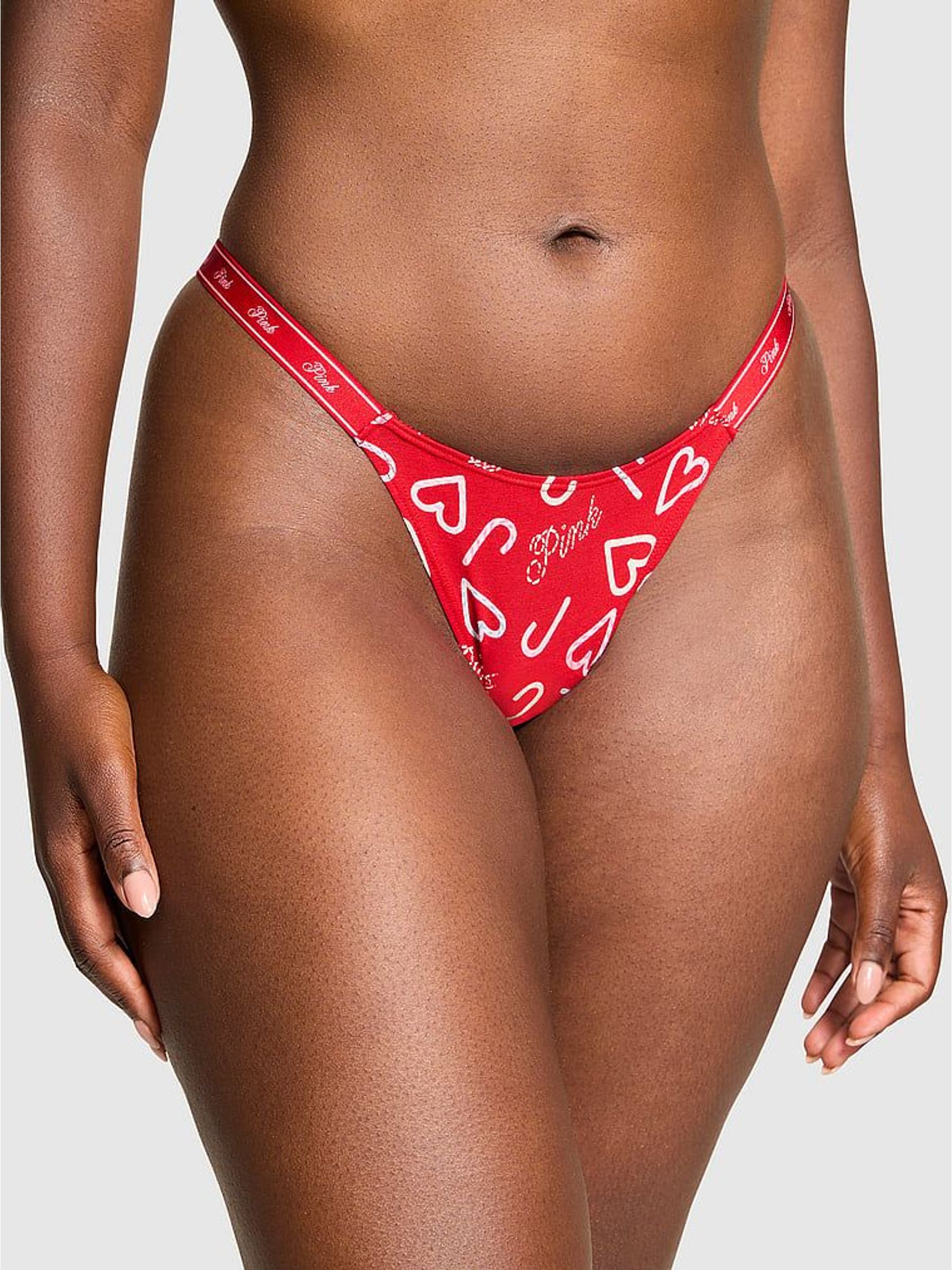 Red Christmas Candy Cane Print Thong Cotton Logo Knickers (W75428) | £10