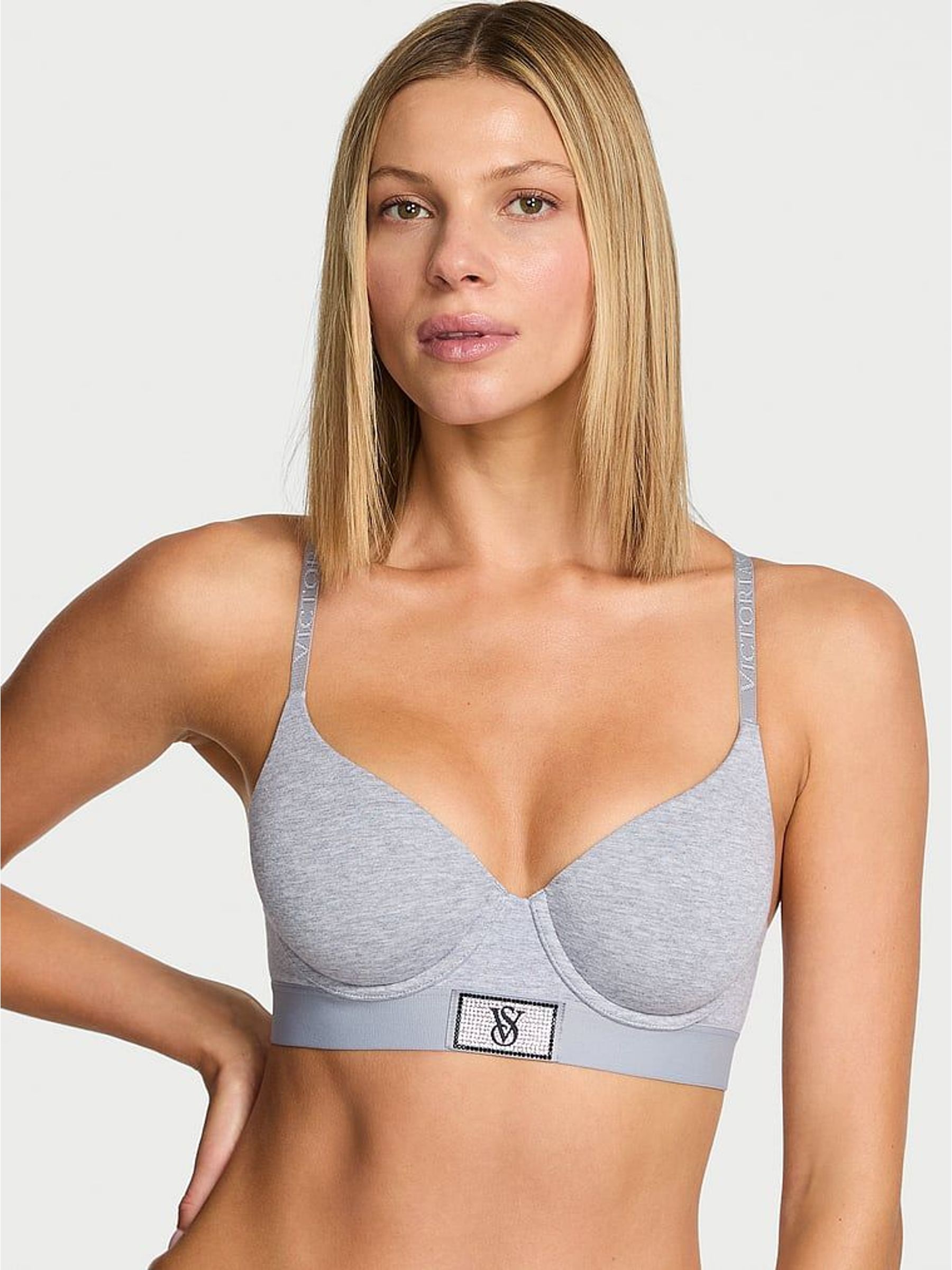 Medium Heather Grey Lightly Lined Demi Logo Shine Patch Bra (W75442) | £40