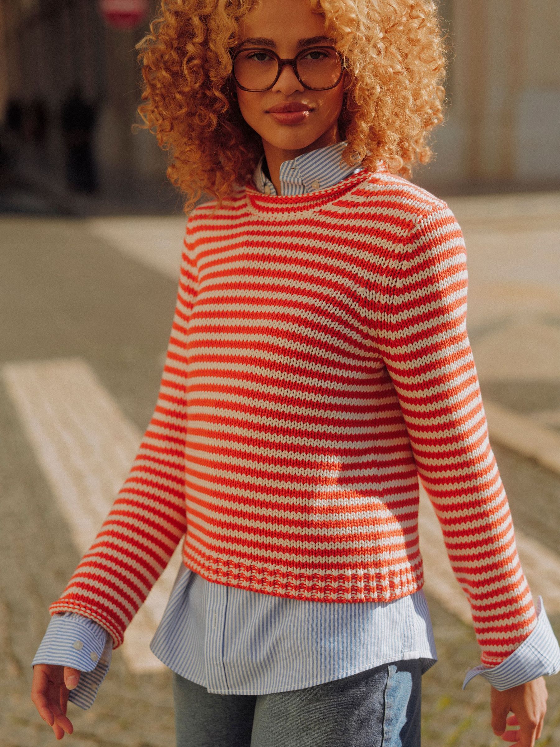 Orange & White Striped Cotton Crew Neck Jumper