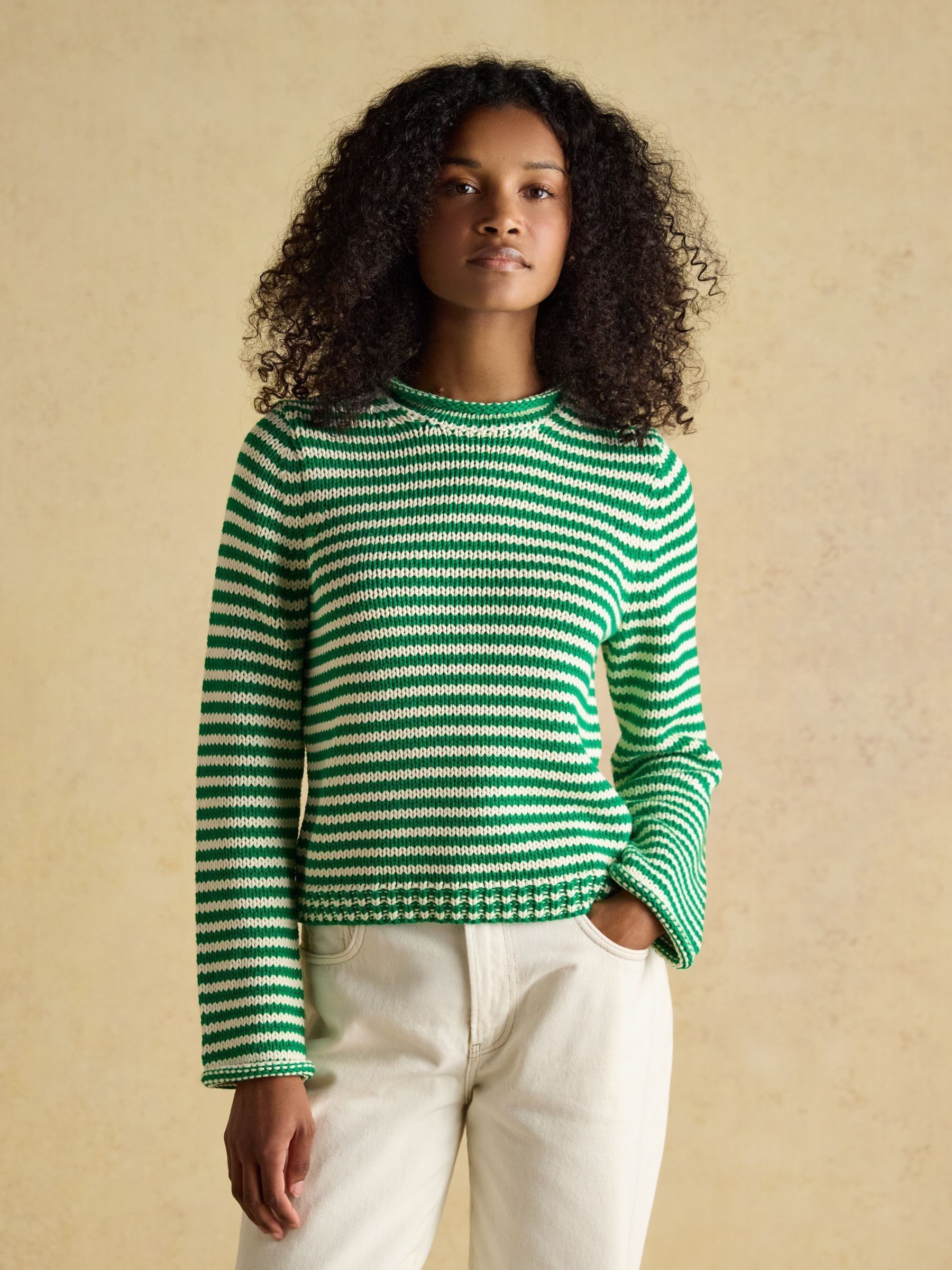 Green & White Striped Cotton Knitted Crew Neck Jumper (W75961) | £62