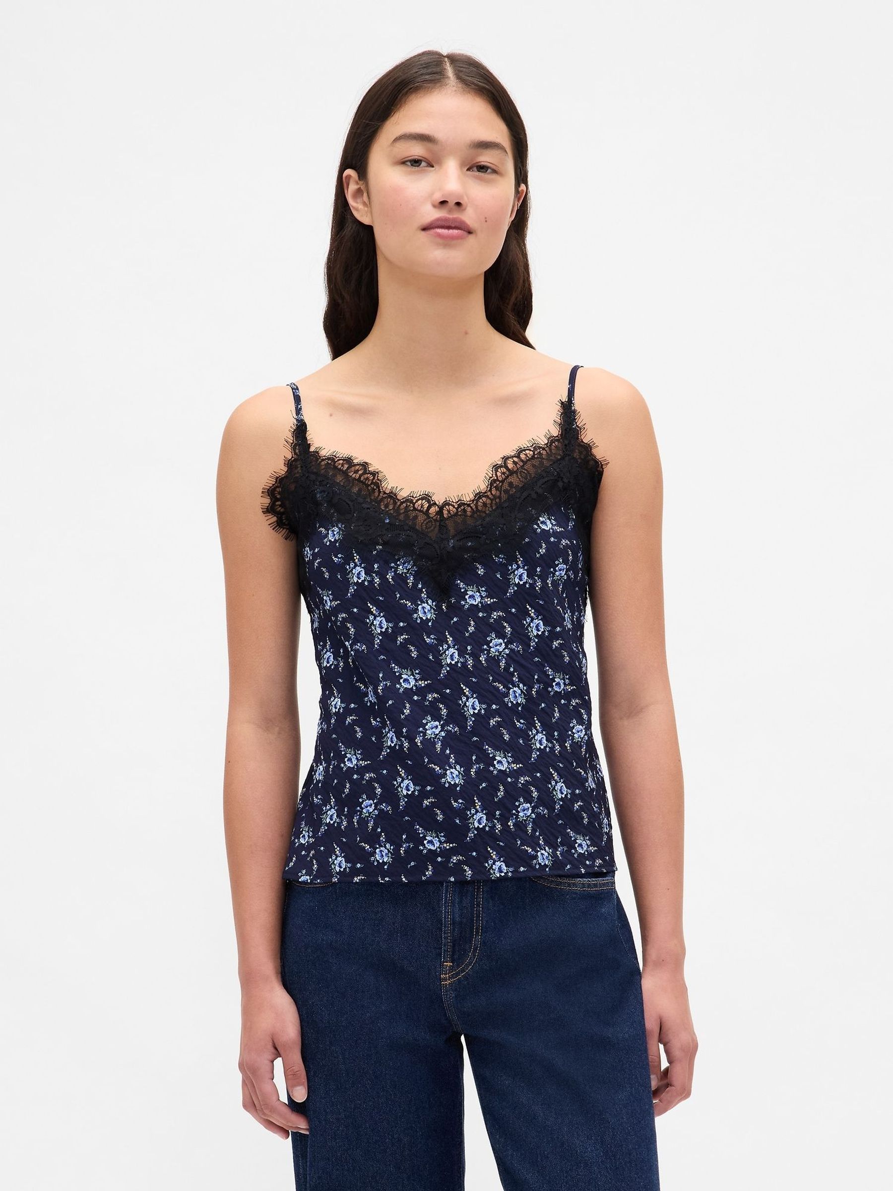 Blue/Navy Floral Lace Trim Cami (W76715) | £35