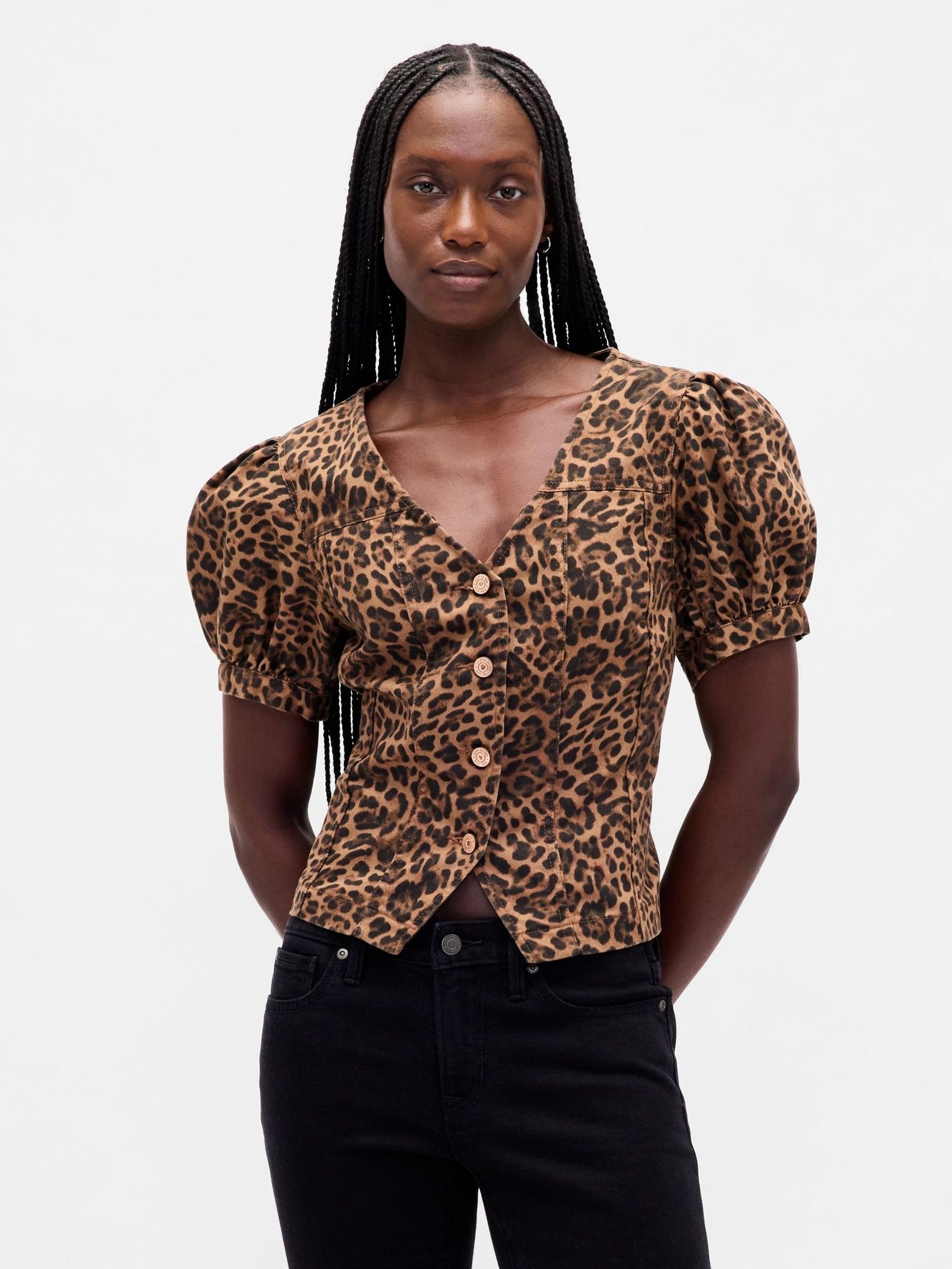 Leopard Puff-Sleeve Seamed Top (W76731) | £50