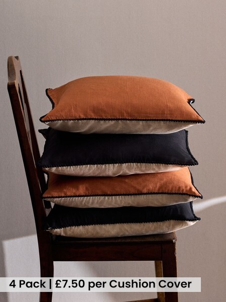 4 Pack Black/Natural Woodblock Printed Cotton Cushion Covers (W77024) | £30