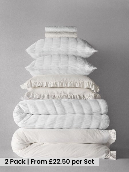2 Pack White Seersucker/Frill Duvet Cover and Pillowcase Set with Fitted Sheets (W77052) | £45 - £80