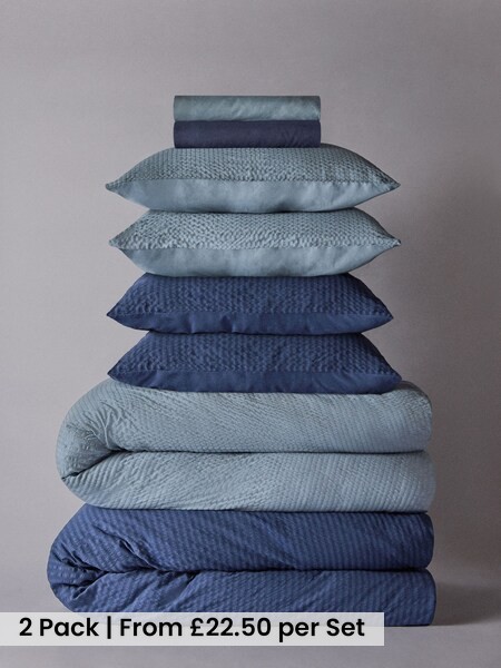 2 Pack Blue/Navy Seersucker Duvet Cover and Pillowcase with Fitted Sheets (W77053) | £45 - £80