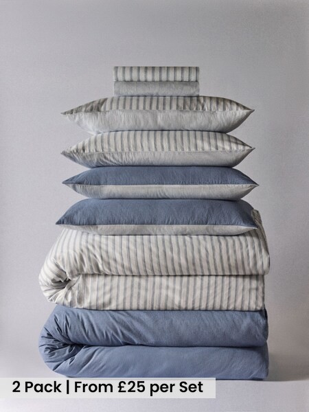2 Pack Navy Stripe Printed Duvet Cover and Pillowcase Set with Fitted Sheets (W77054) | £50 - £90