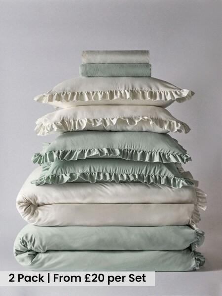 2 Pack Green/White Microfibre Frill Duvet Cover and Pillowcase Set with Fitted Sheets (W77055) | £40 - £75