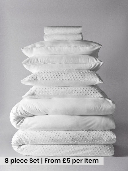 White Tufted/Pom Pom 8 Piece Duvet Cover and Pillowcase Set with Fitted Sheets (W77056) | £40 - £75
