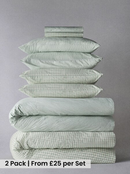 2 Pack Green Gingham/ Floral Printed Duvet Cover and Pillowcase Set with Fitted Sheets (W77058) | £50 - £90