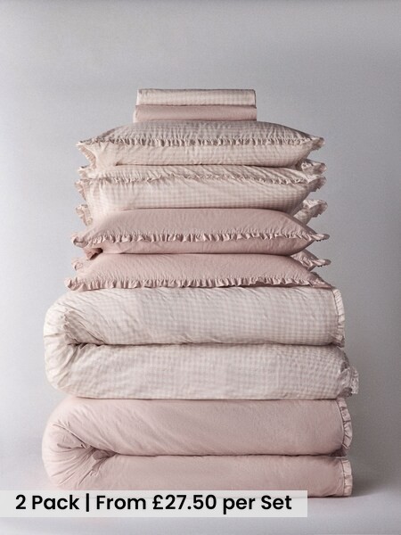 2 Pack Pink/Gingham Frill Duvet Cover and Pillowcase Set with Fitted Sheets (W77059) | £55 - £105
