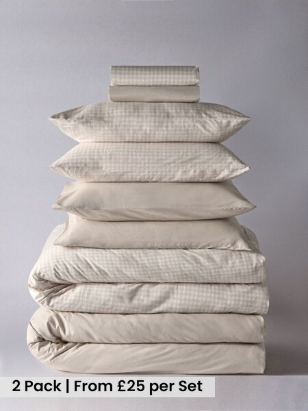 2 Pack Natural/Gingham Printed Duvet Cover and Pillowcase Set with Fitted Sheets (W77060) | £50 - £90