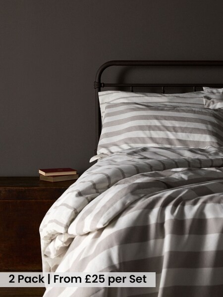 2 Pack Natural Stripe Printed Duvet Cover and Pillowcase Set with Fitted Sheets (W77061) | £50 - £90