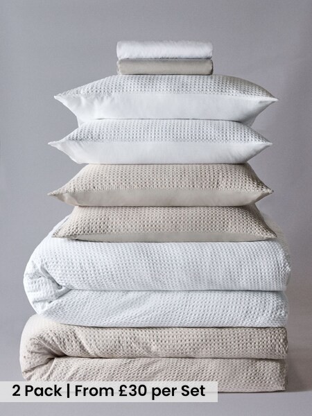 2 Pack White/Natural Waffle Duvet Cover and Pillowcase Set with Fitted Sheets (W77062) | £60 - £95