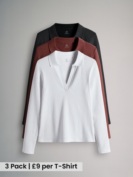 Black/Pink/White 3 Pack Long Sleeve Ribbed Polo Top (W77335) | £27