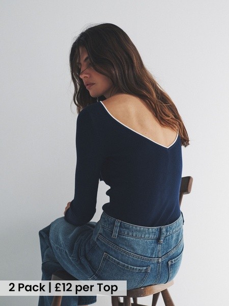 Ecru/Navy Blue 2 Pack Knitted Tipped Scoop Back Tops (W77420) | £24