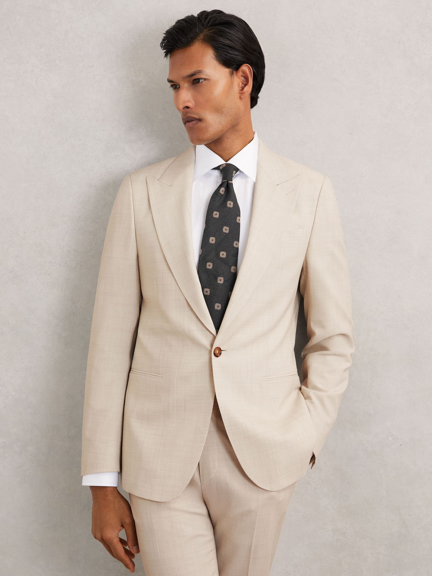 Single-Breasted Textured Suit Blazer Slim-Fit With Wool in Stone (W77837) | £328