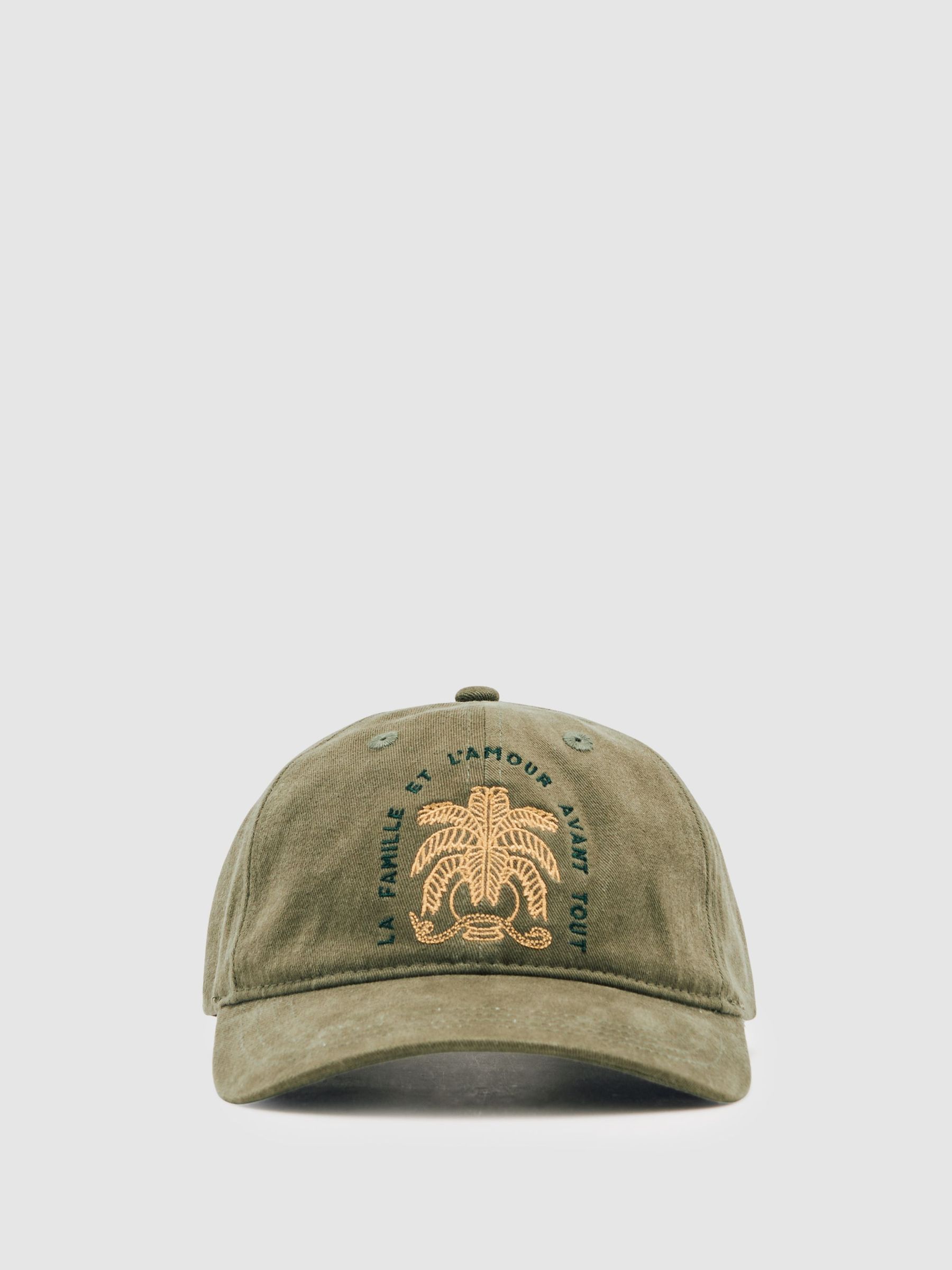 Les Deux Cotton Embroidered Motif Cap in Lichen Green (W78443) | £39