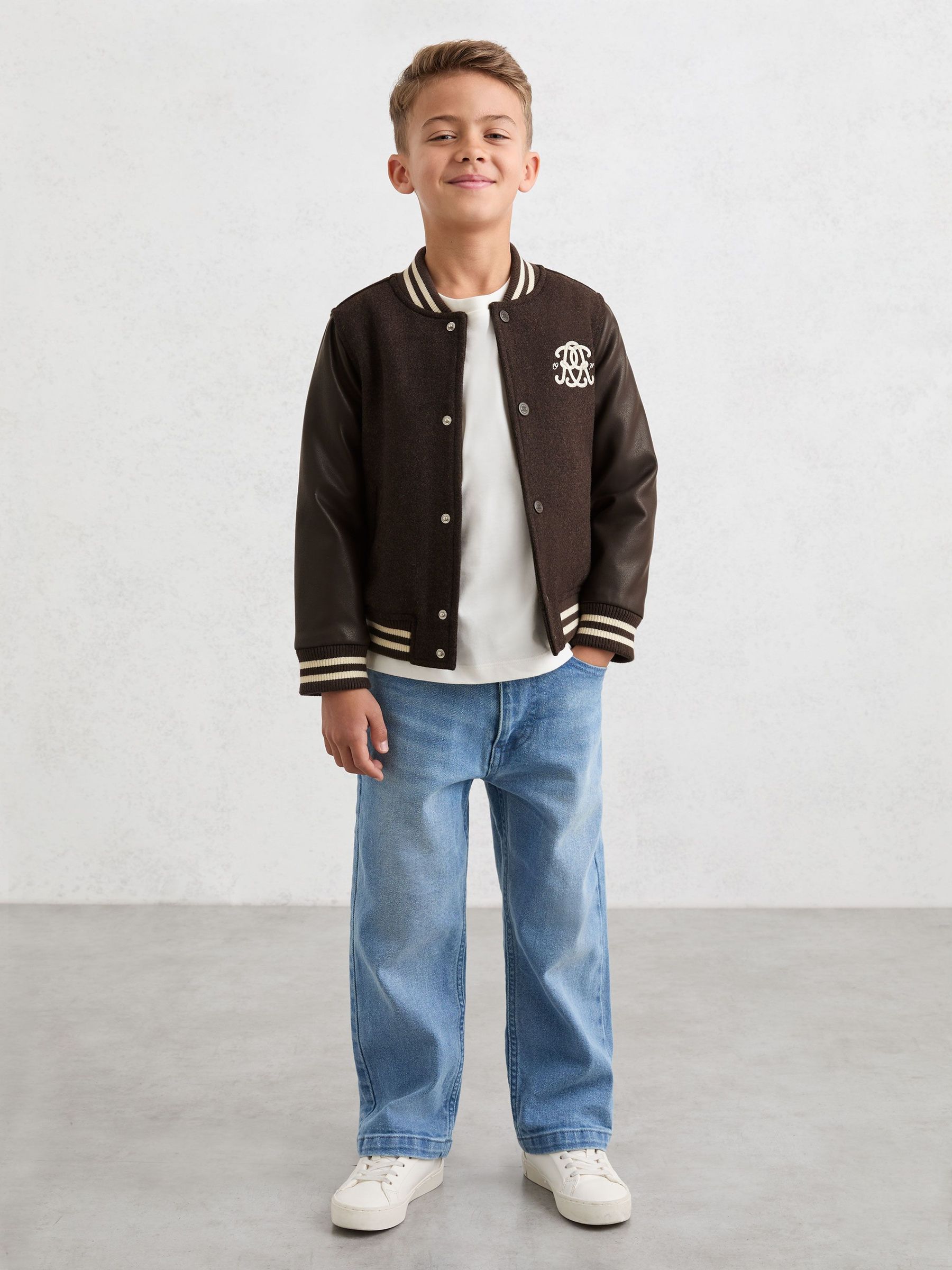 9-13 yrs Monogram Relaxed Varsity Jacket Unisex Fit in Brown/Off White (W78548) | £86