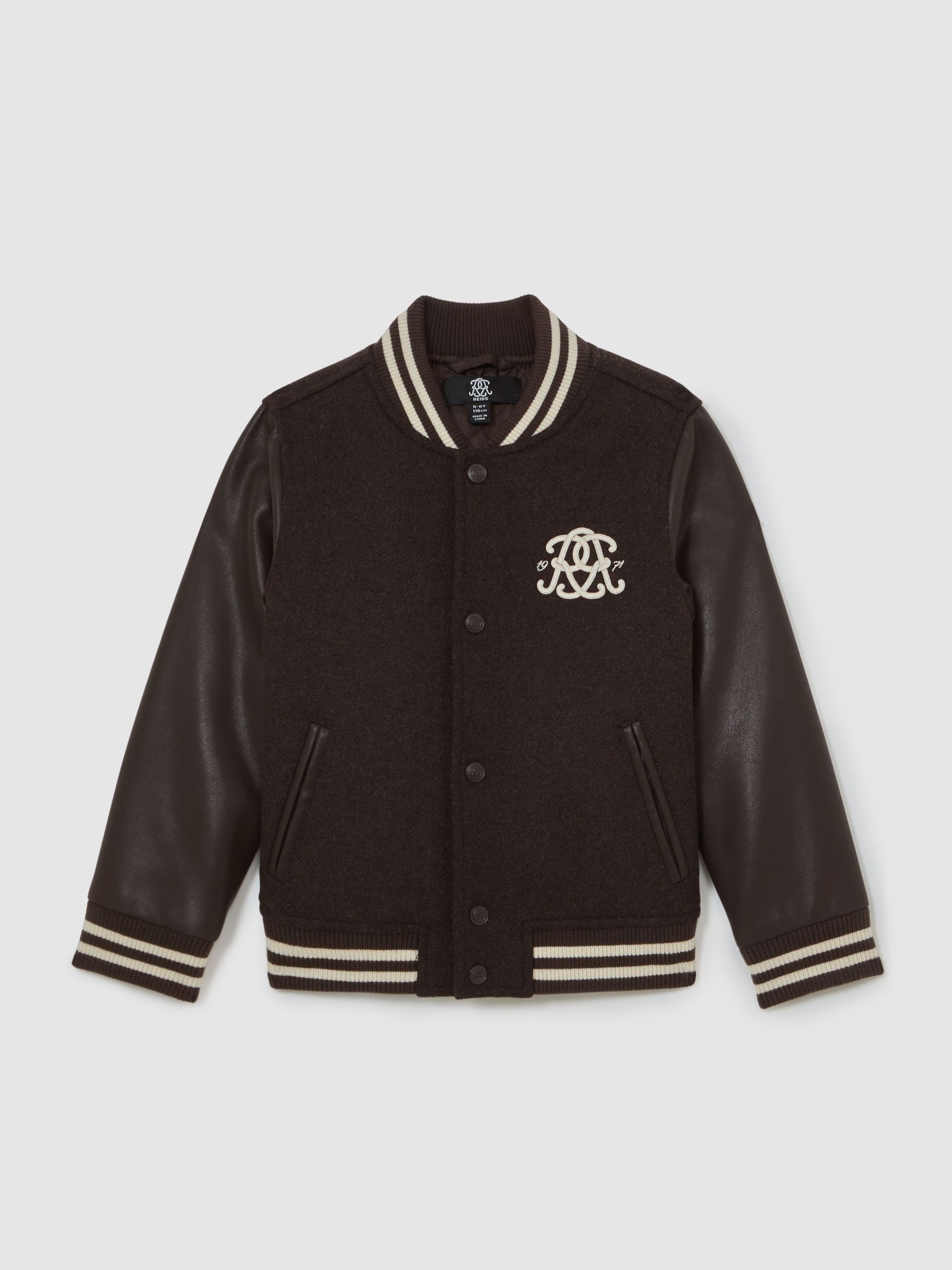 13-14 yrs Monogram Relaxed Varsity Jacket Unisex Fit in Brown/Off White (W78551) | £94
