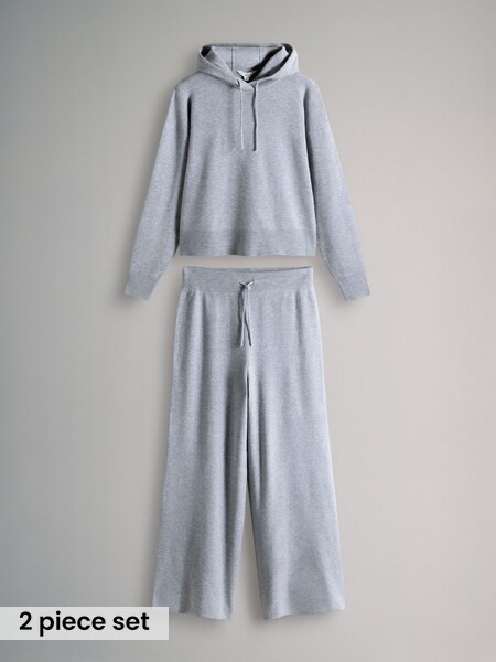 Light Grey Marl Knitted Ribbed Hoodie and Wide Leg Trouser Co-ord (W79046) | £33