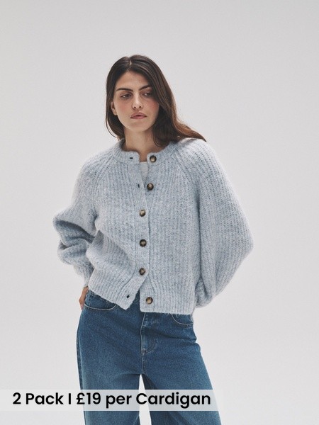 Grey Marl/Light Blue 2 Pack Ribbed Chunky Knitted Cardigans (W79056) | £38