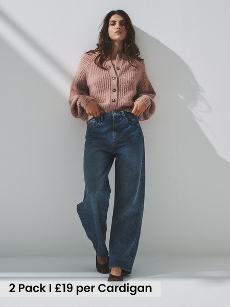 Oatmeal/Pink 2 Pack Ribbed Chunky Knitted Cardigans (W79057) | £38