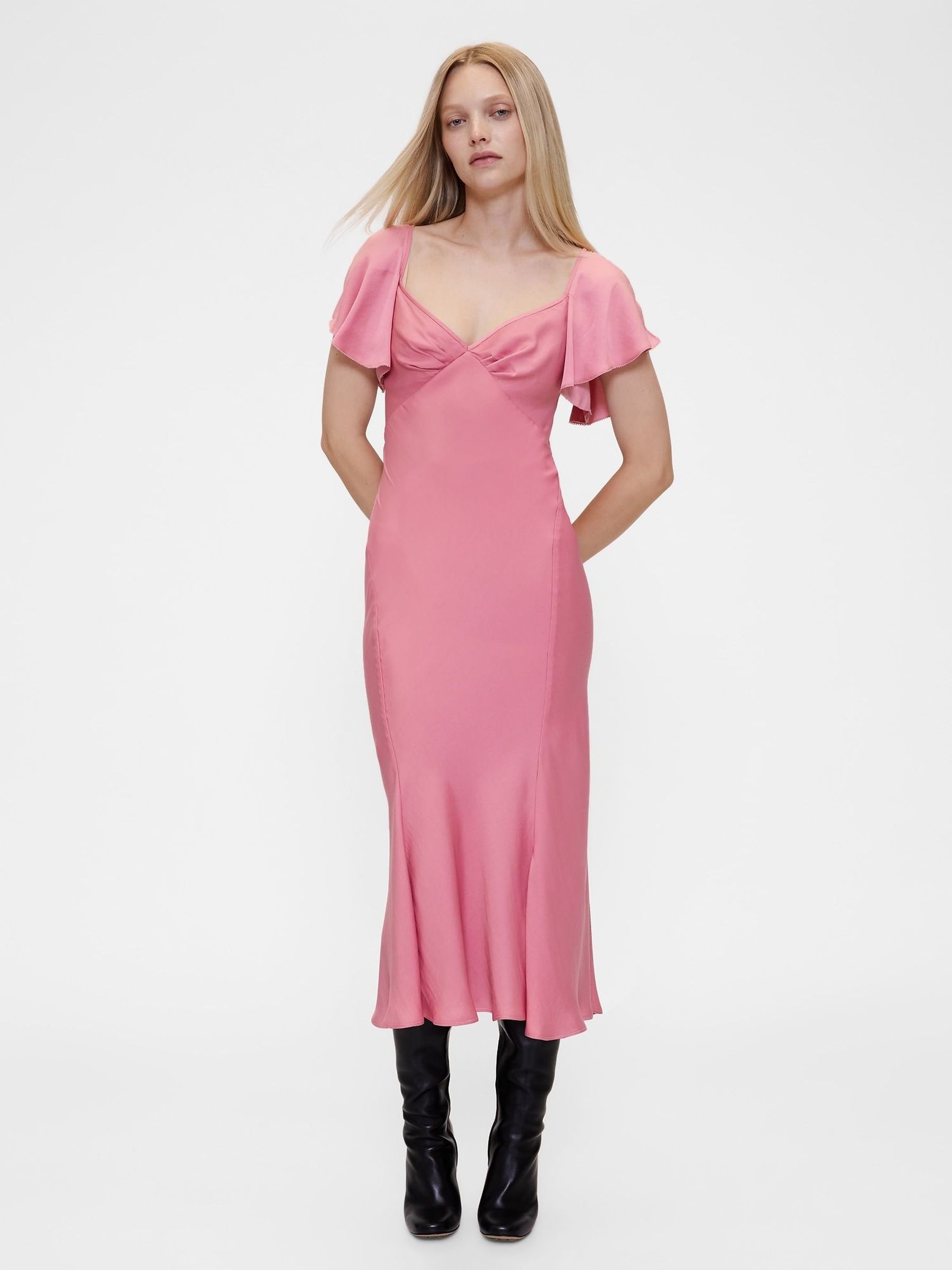 Pink Satin Sweetheart Neckline Midi Dress (W82254) | £125