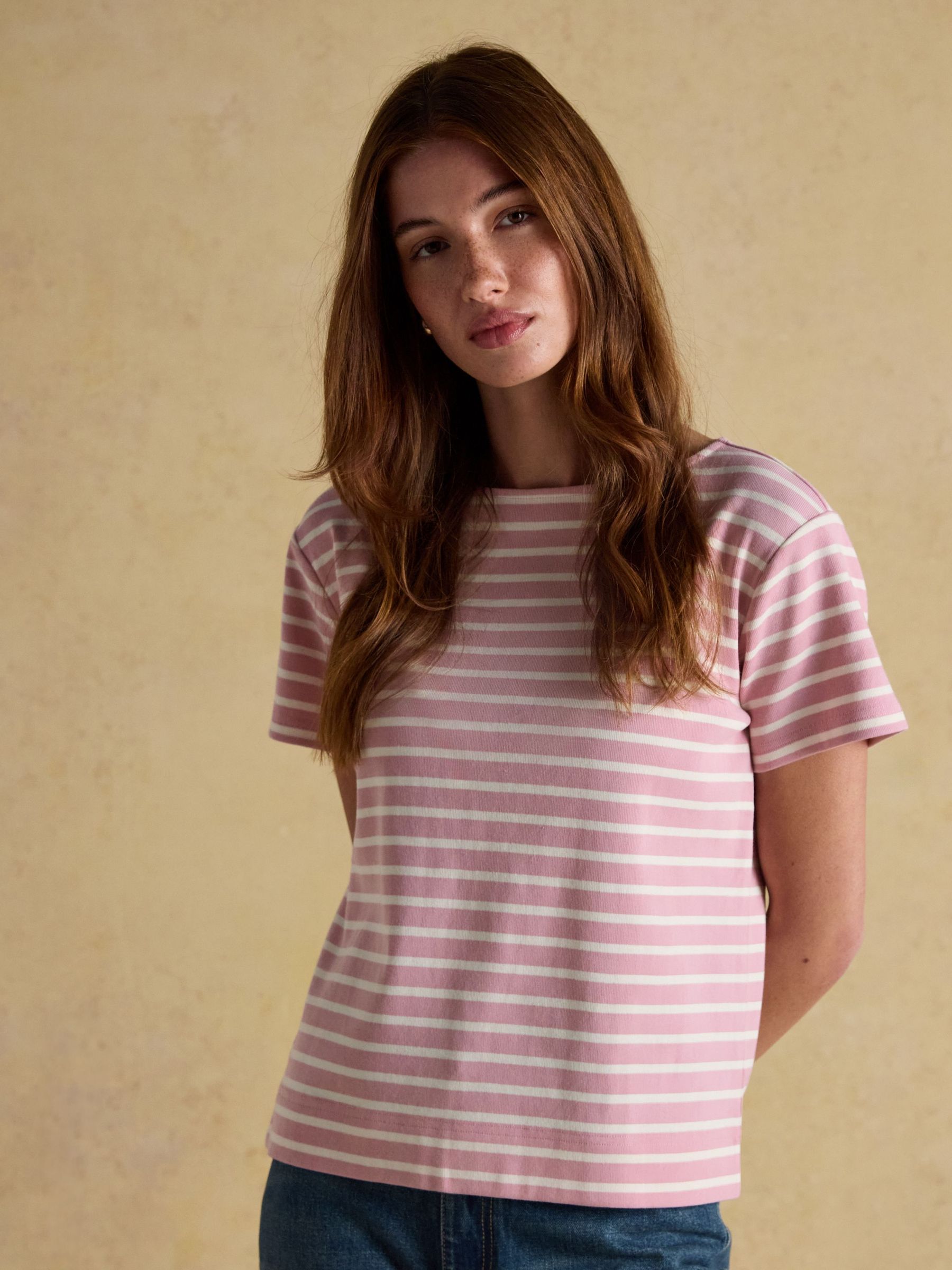 Harbour Pink/Cream Short Sleeve Boat Neck Breton Top (W82662) | £15