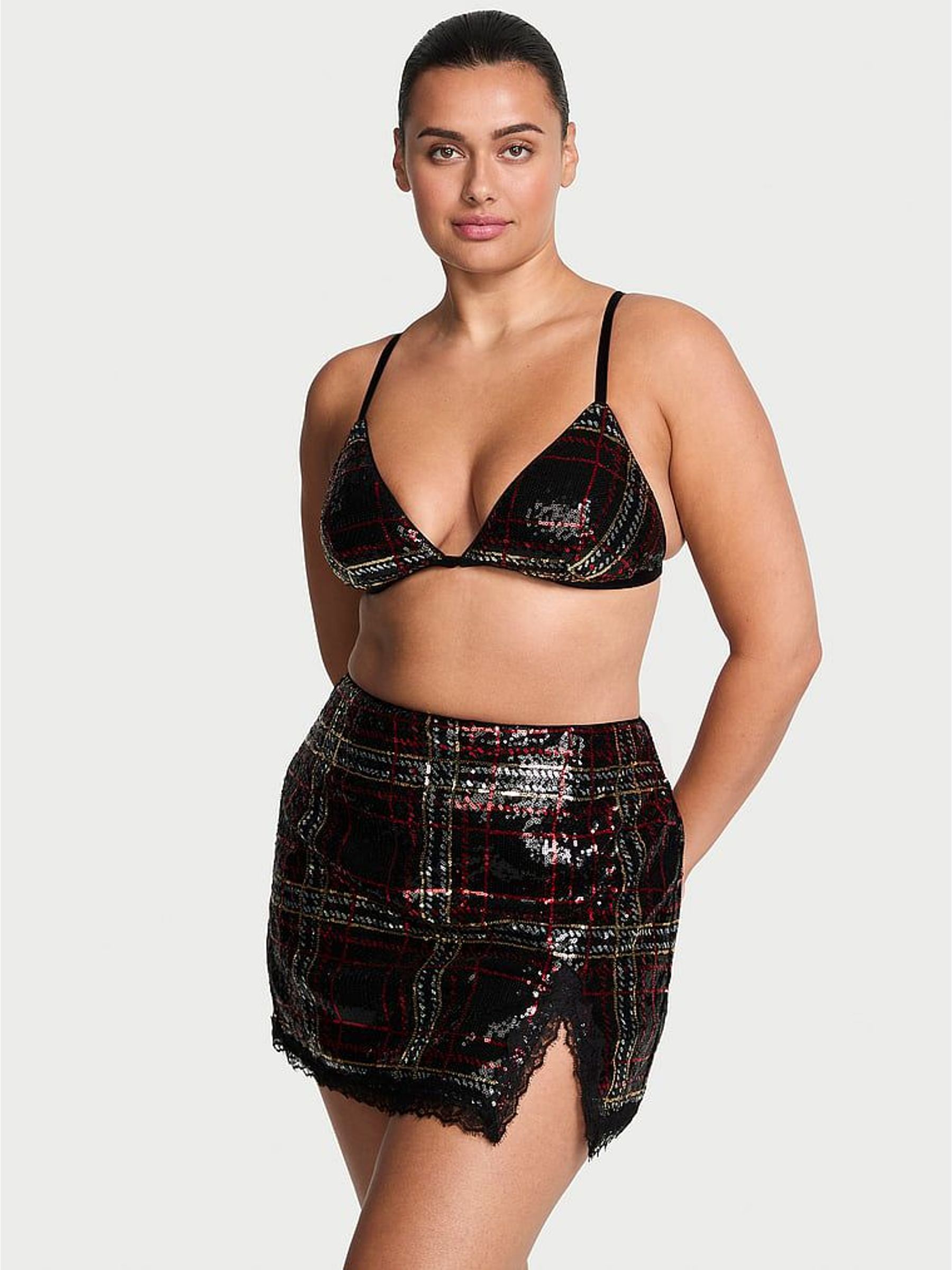 Black Sequin Tartan Bralette & Skirt Set (W83377) | £75