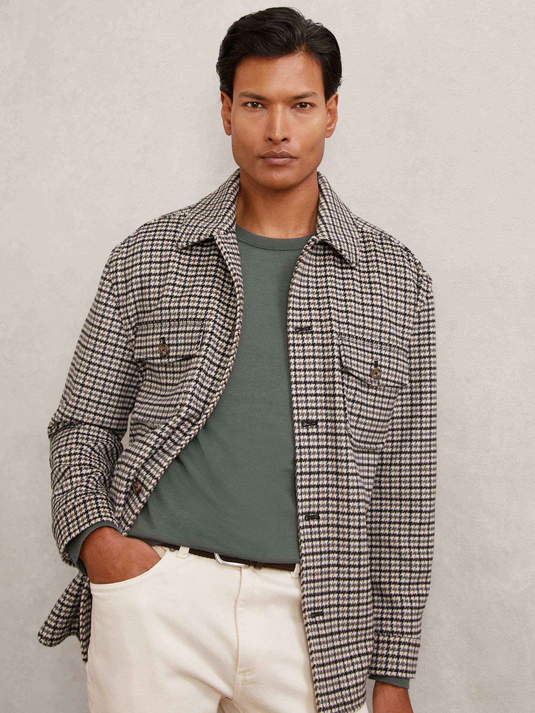 Wool-Blend Houndstooth-Check Overshirt in Grey (W83688) | £178