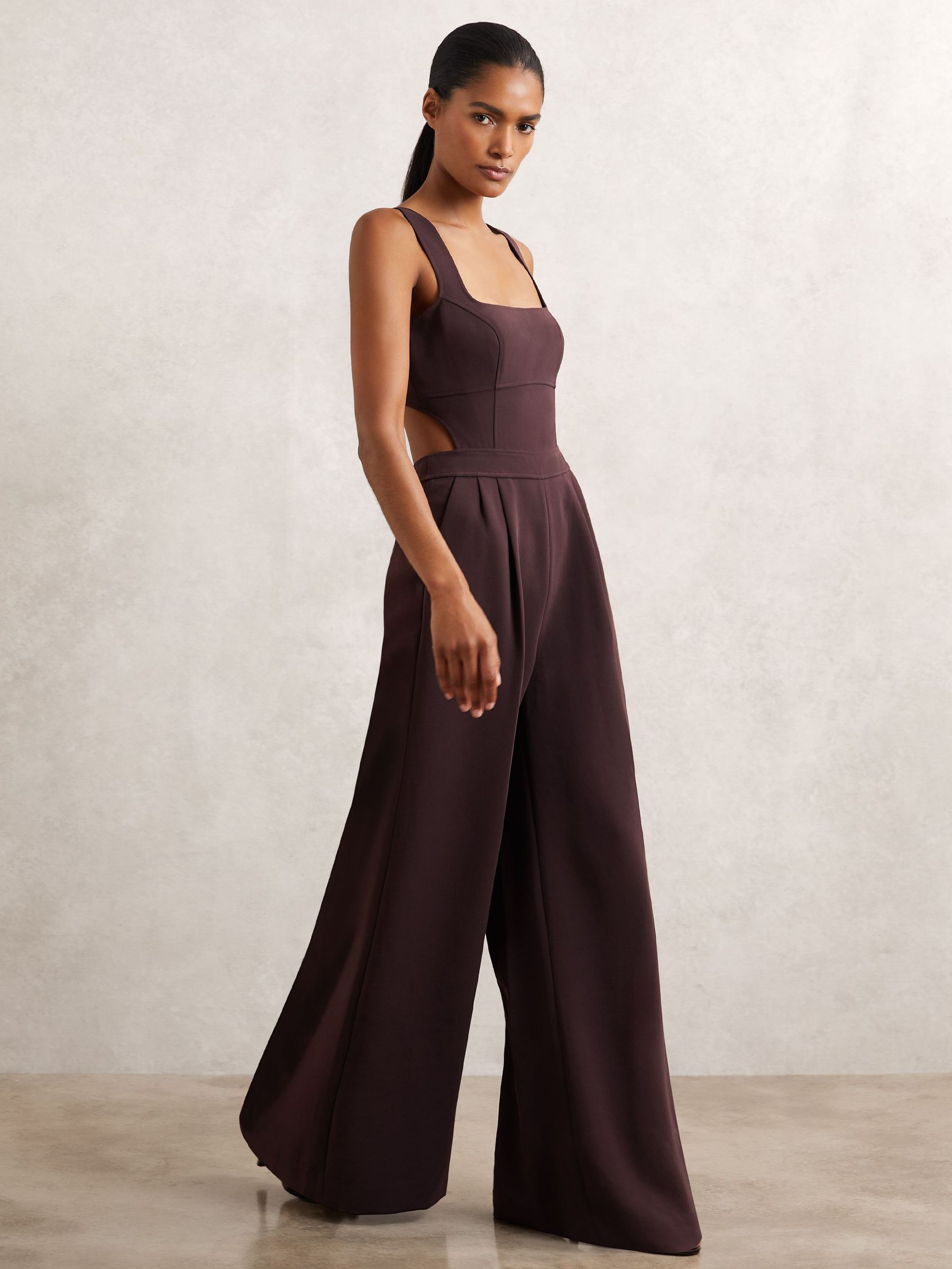 Wide-Leg Cut-Out Jumpsuit in Burgundy (W83702) | £248