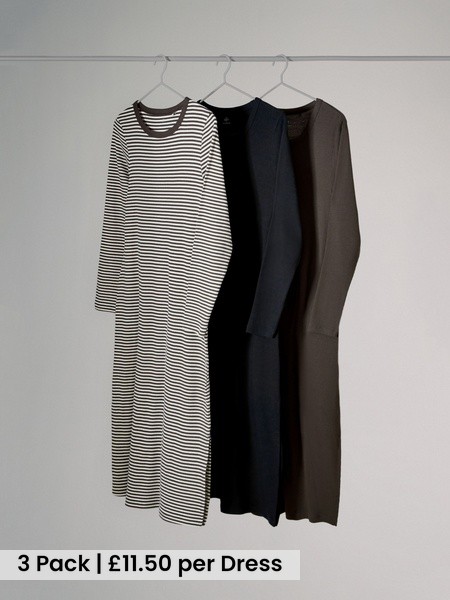 Navy/Khaki/Stripe 3 Pack Ribbed Long Sleeve Midi Dresses (W84364) | £34.50