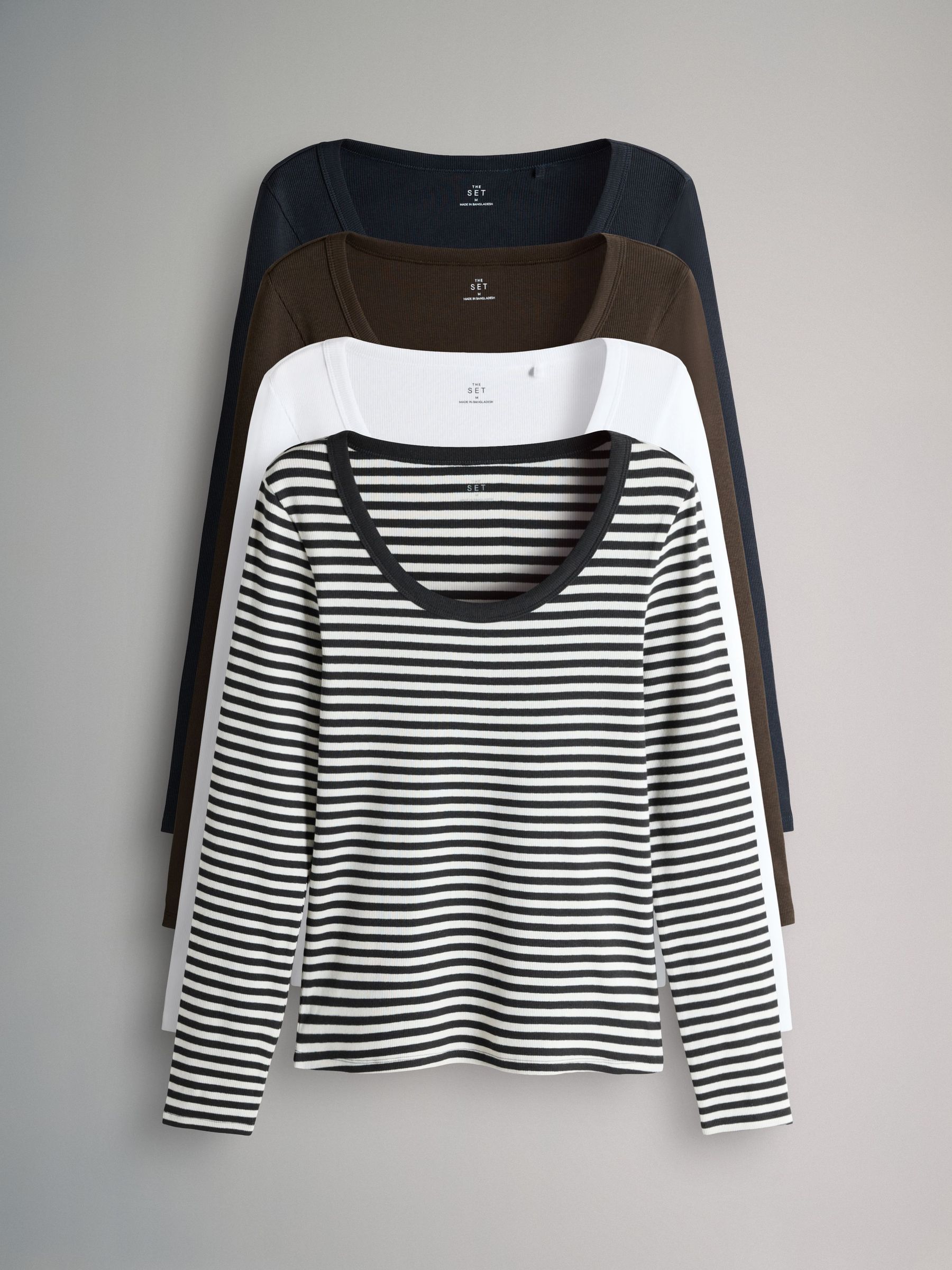 Navy/Light Blue/Stripe/White 4 Pack Scoop Neck Long Sleeve Ribbed T-Shirts (W84386) | £26